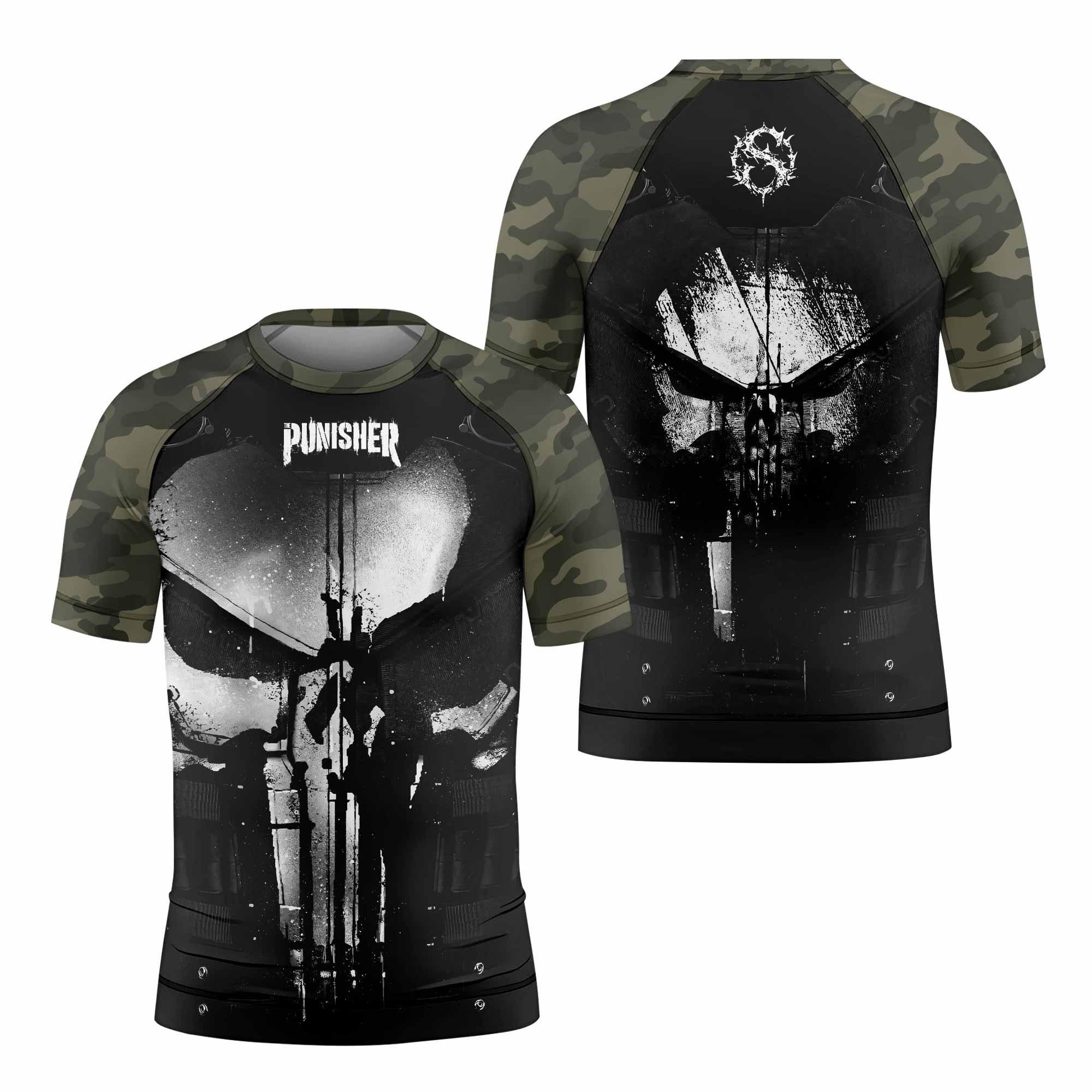 The Punisher Skull Camouflage Kids Rash Guard Short Sleeve - front view mockup