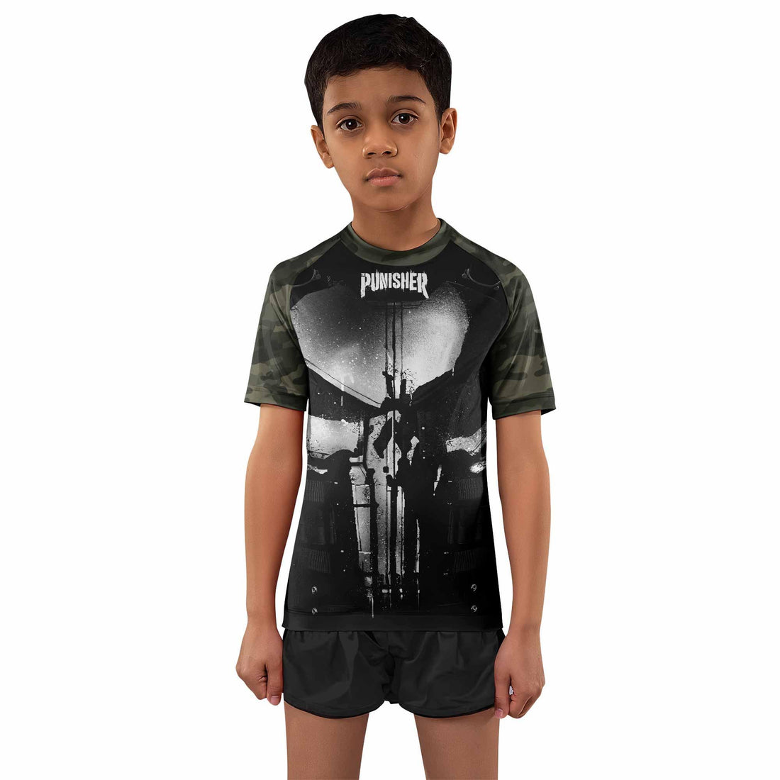 The Punisher Skull Camouflage Kids Rash Guard Short Sleeve - front and back view