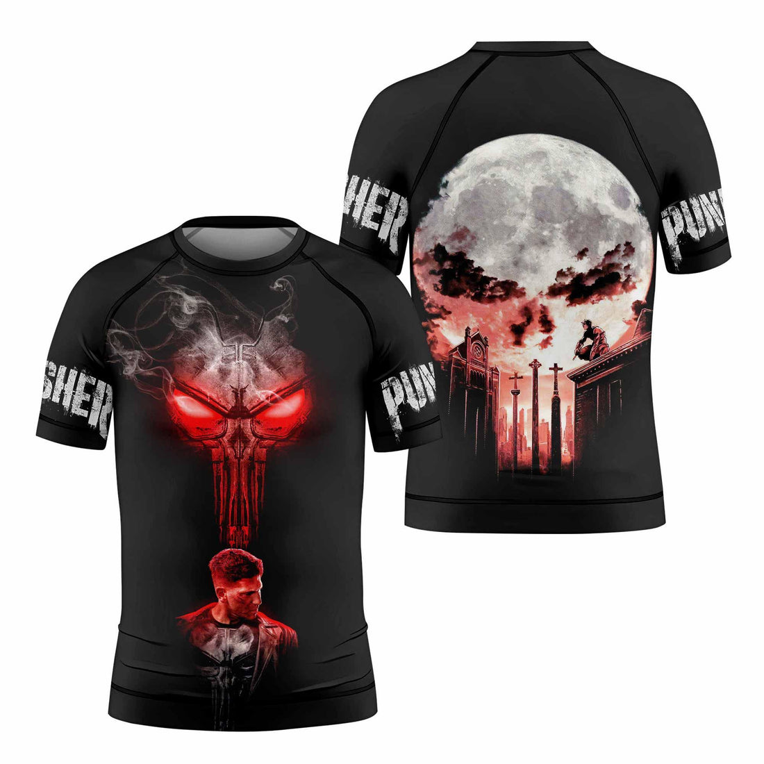 The Punisher Skull Frank Castle Kids Rash Guard Short Sleeve - front and back view