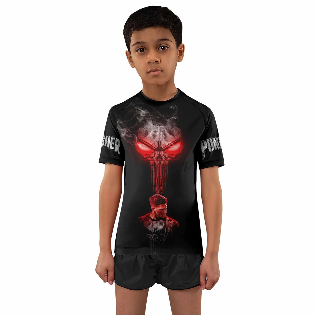 The Punisher Skull Frank Castle Kids Rash Guard Short Sleeve - front and back view