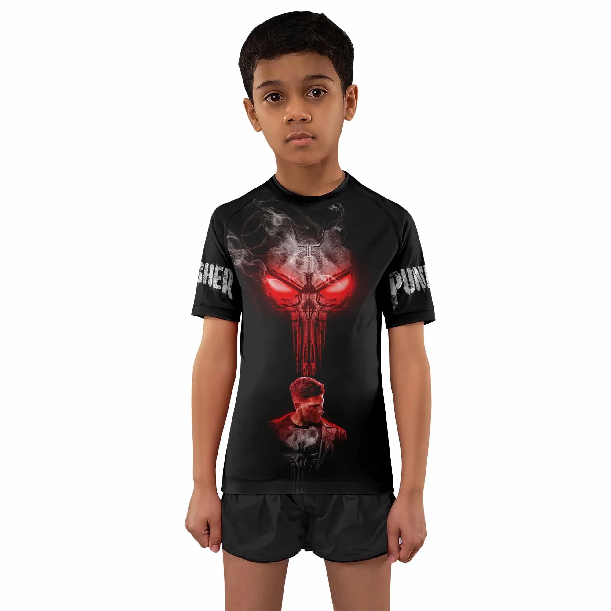 The Punisher Skull Frank Castle Kids Rash Guard Short Sleeve - front and back view