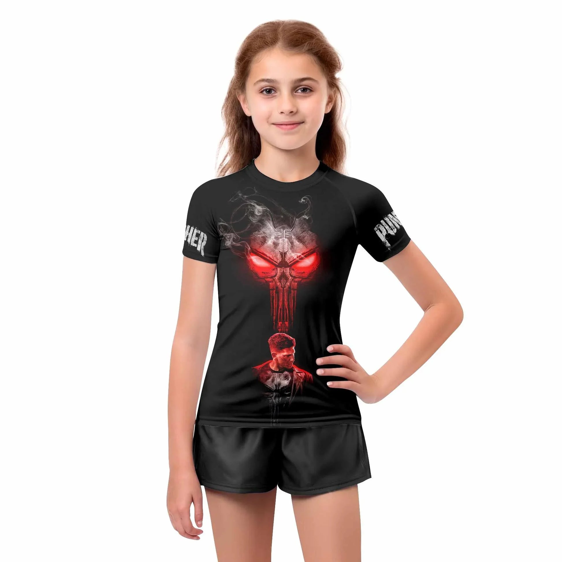 The Punisher Skull Frank Castle Kids Rash Guard Short Sleeve - girl's lifestyle view