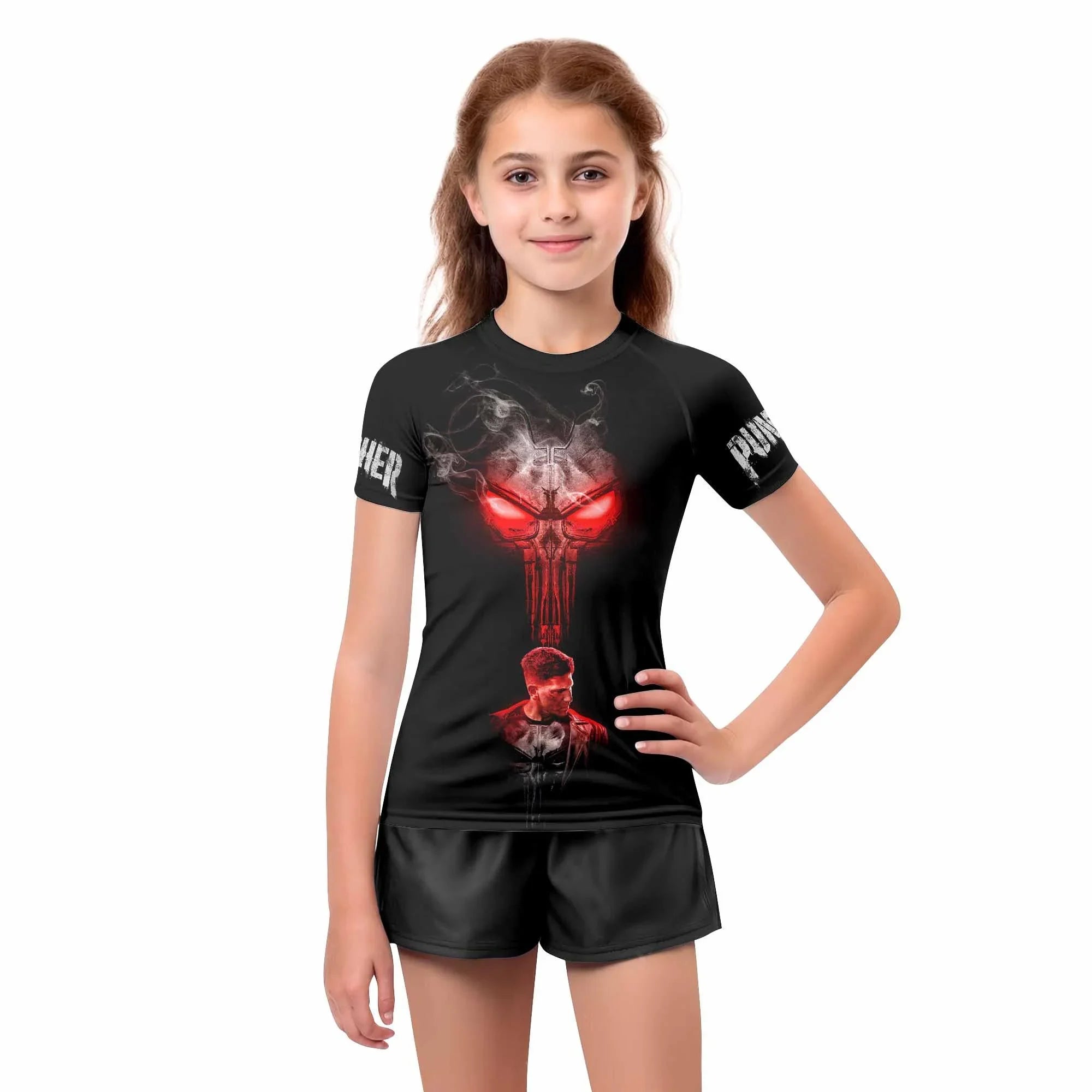 The Punisher Skull Frank Castle Kids Rash Guard Short Sleeve - girl's lifestyle view