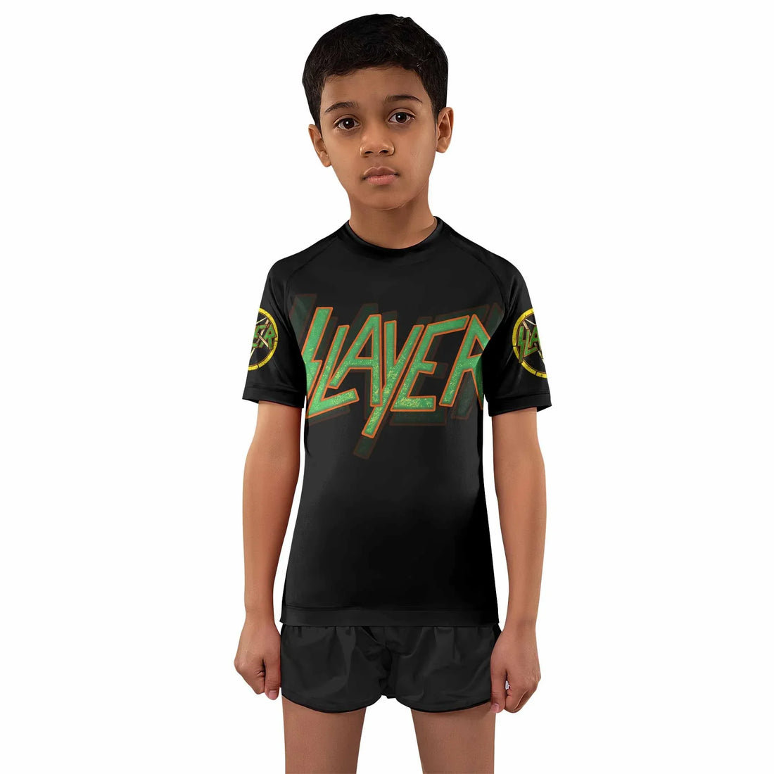 Slayer Hellfire Demon Kids Rash Guard Short Sleeve - front and back view