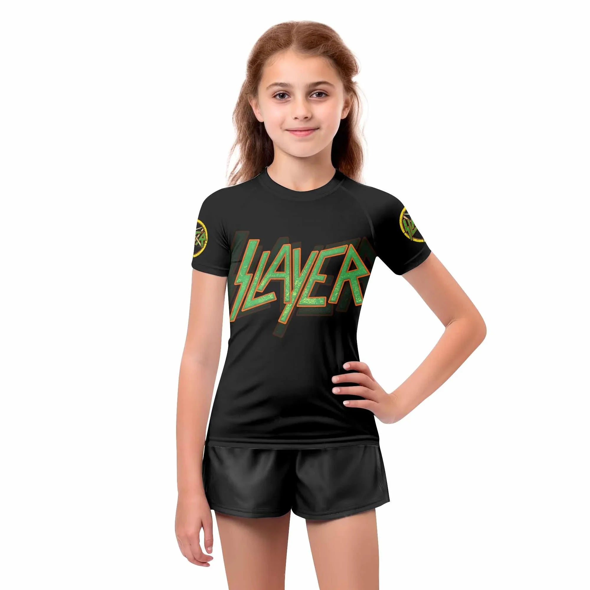 Slayer Hellfire Demon Kids Rash Guard Short Sleeve - girl's lifestyle view