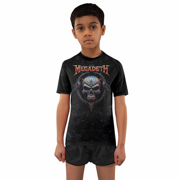 Megadeth Vic Rattlehead Kids Rash Guard Short Sleeve - boy's lifestyle view