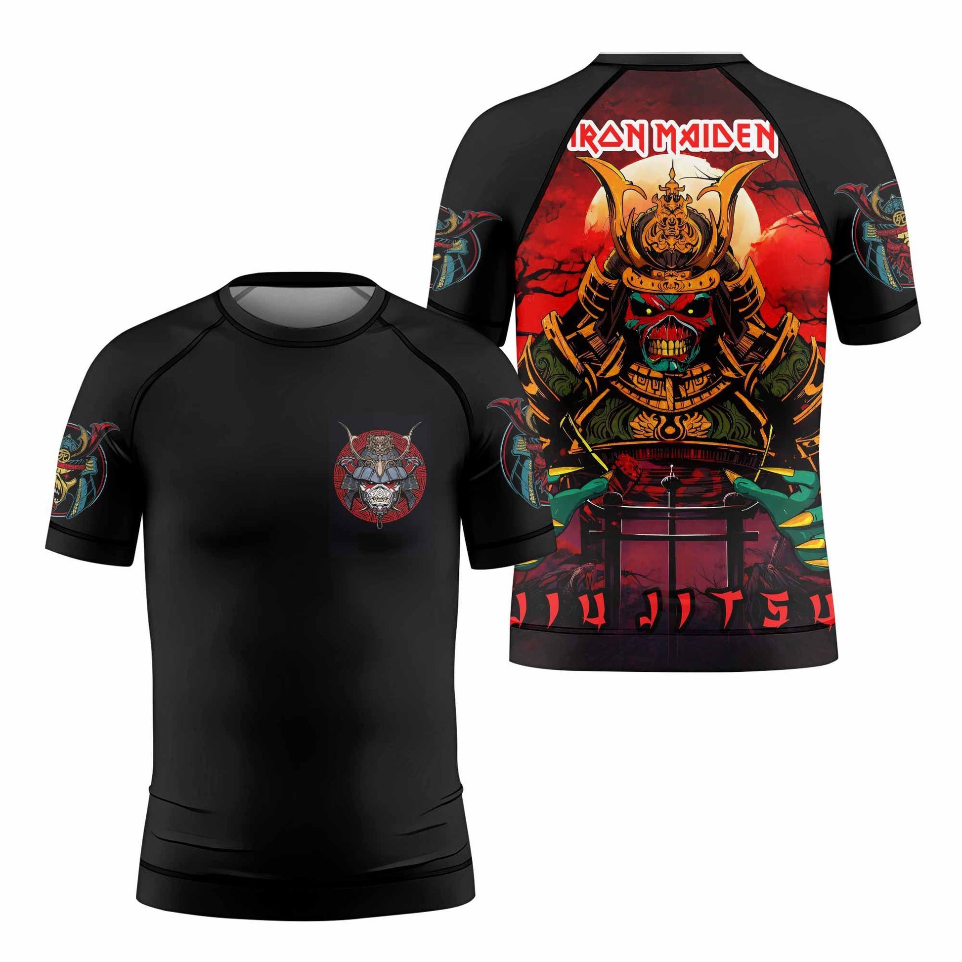 Iron Maiden Samurai Jiu-Jitsu Kids Rash Guard Short Sleeve - front and back view