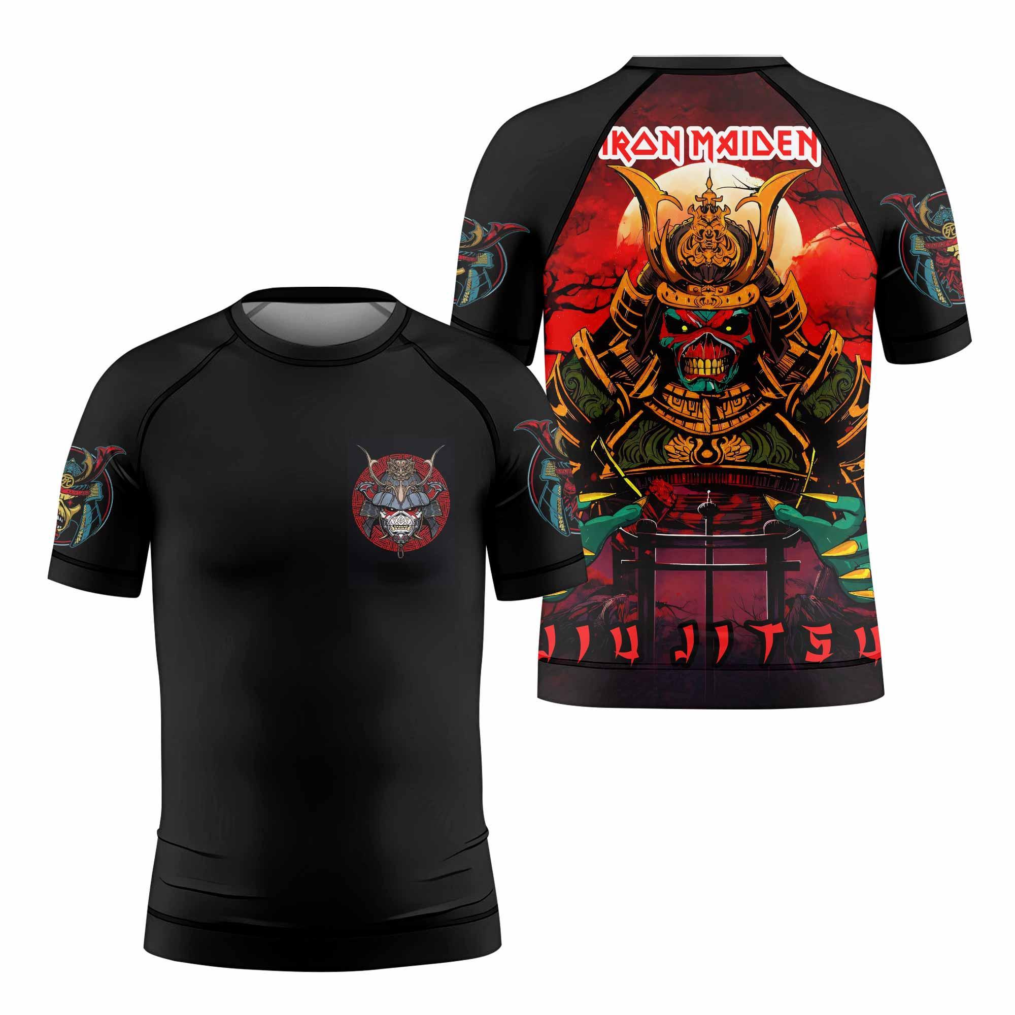 Iron Maiden Samurai Jiu-Jitsu Kids Rash Guard Short Sleeve - front and back view