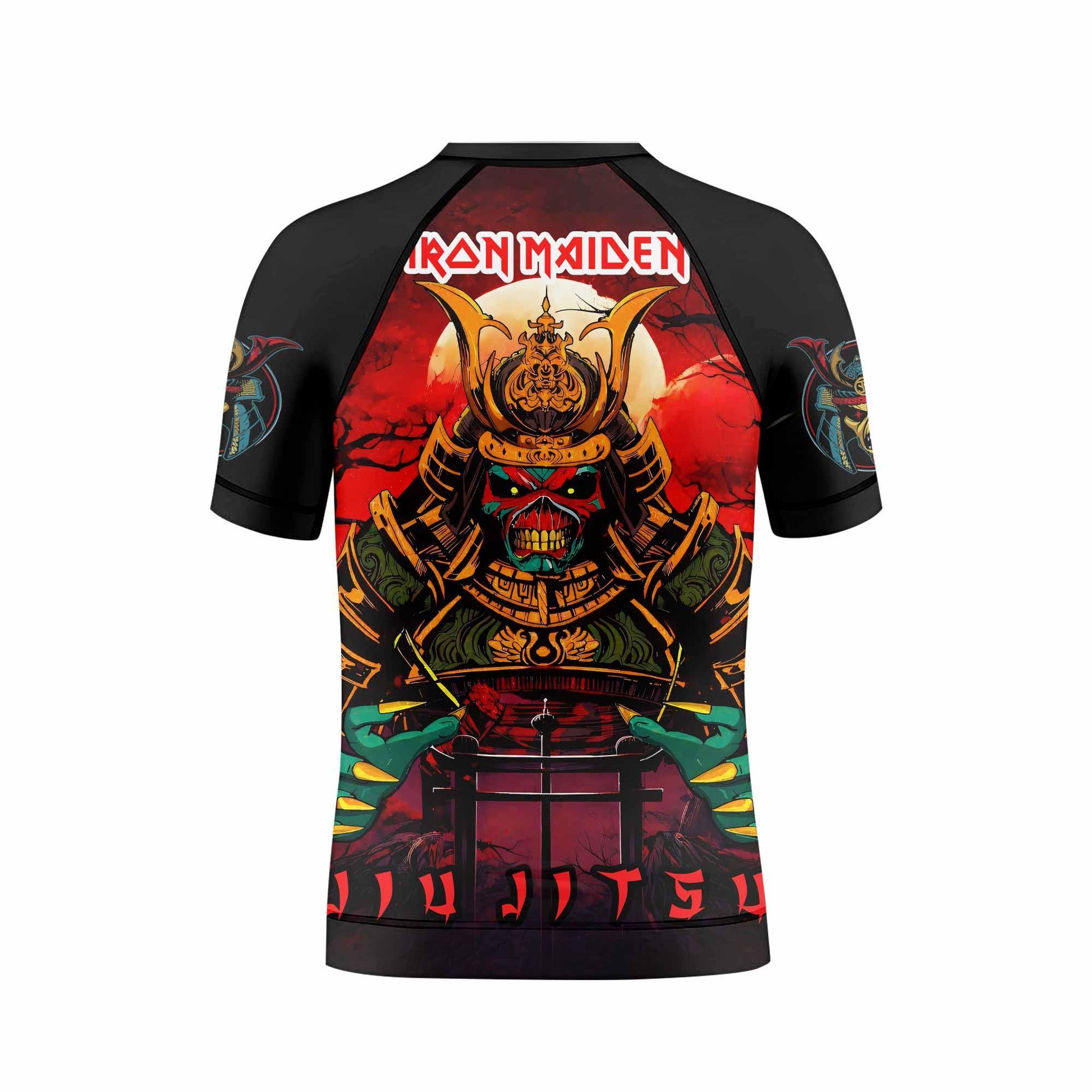 Iron Maiden Samurai Jiu-Jitsu Kids Rash Guard Short Sleeve - back view mockup