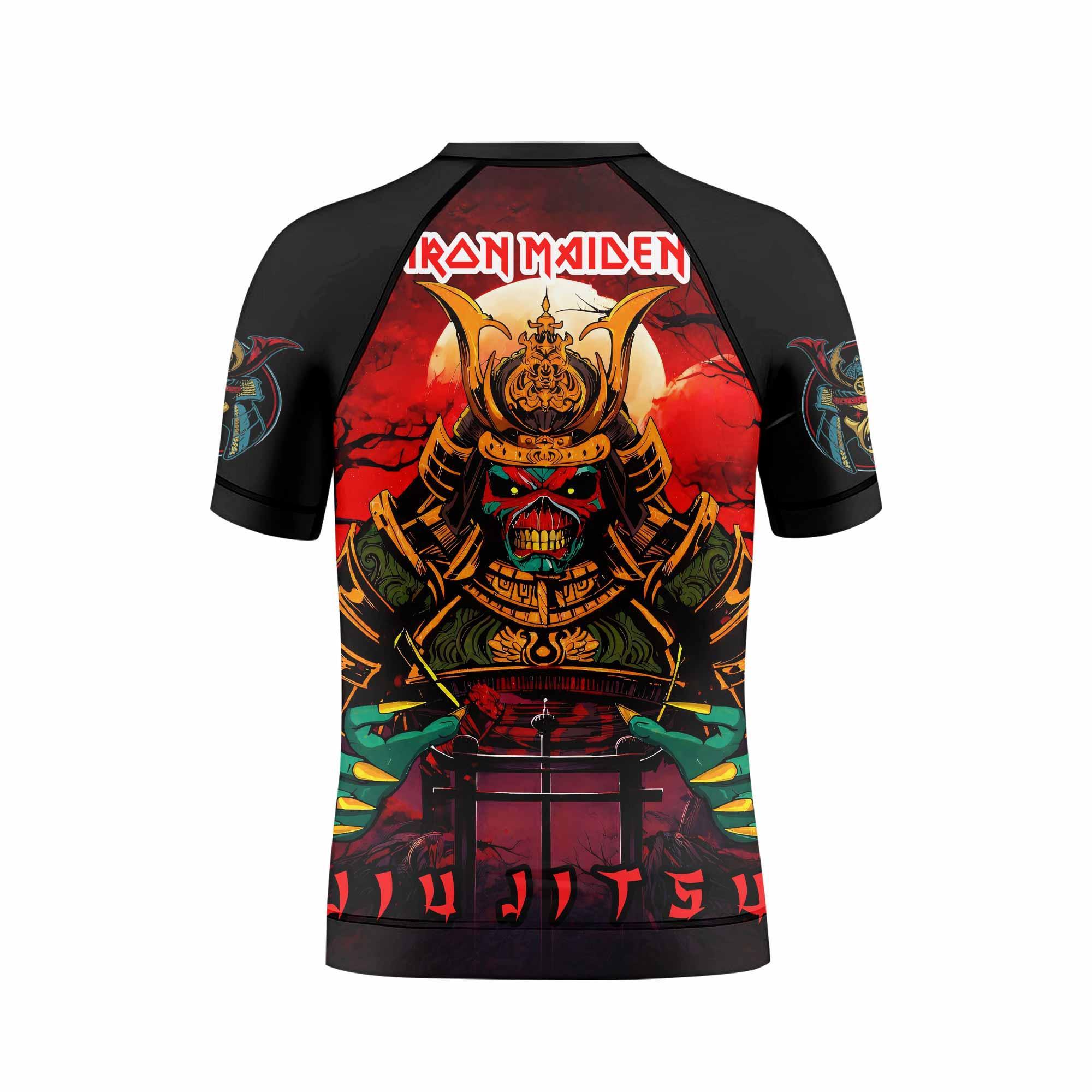 Iron Maiden Samurai Jiu-Jitsu Kids Rash Guard Short Sleeve - back view mockup