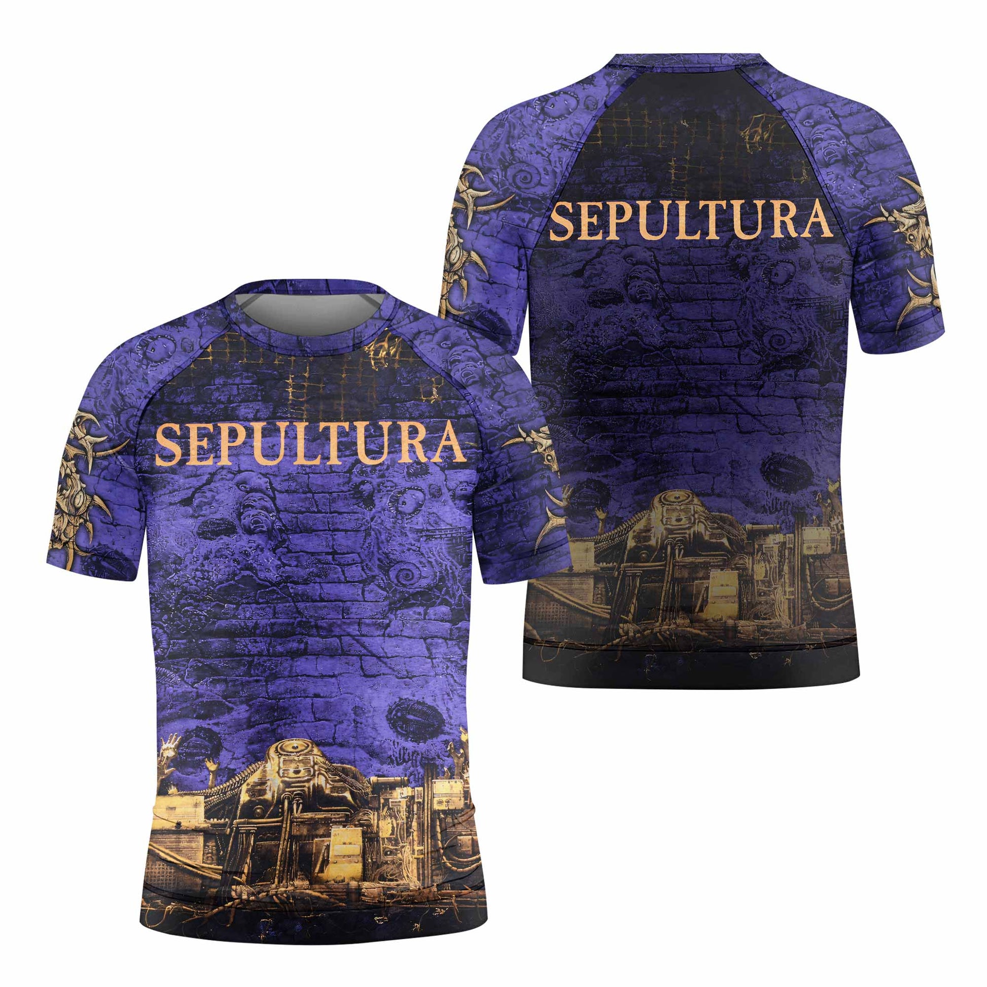 Sepultura Chaos A.D 90s Kids Rash Guard Short Sleeve - front and back view
