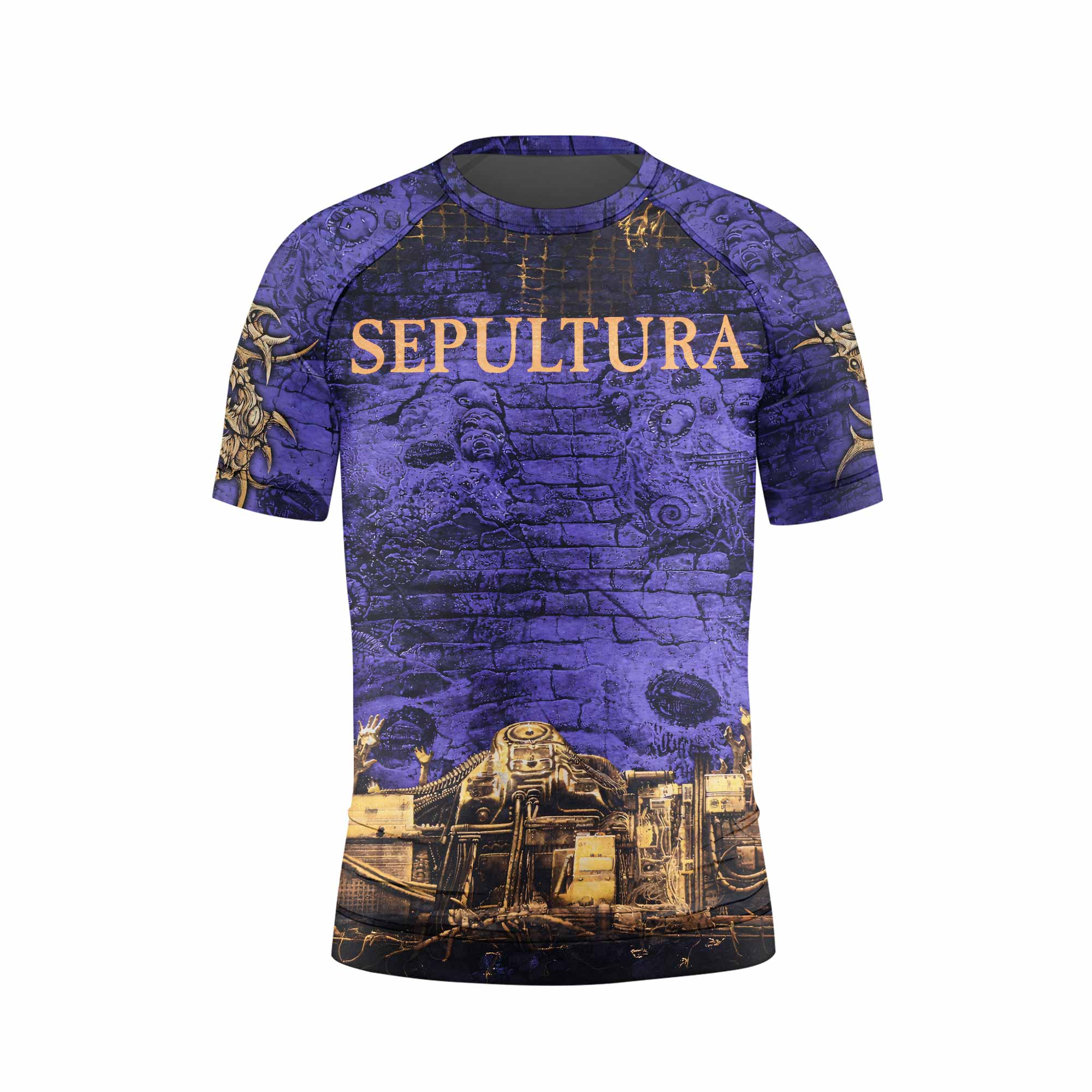 Sepultura Chaos A.D 90s Kids Rash Guard Short Sleeve - front view mockup