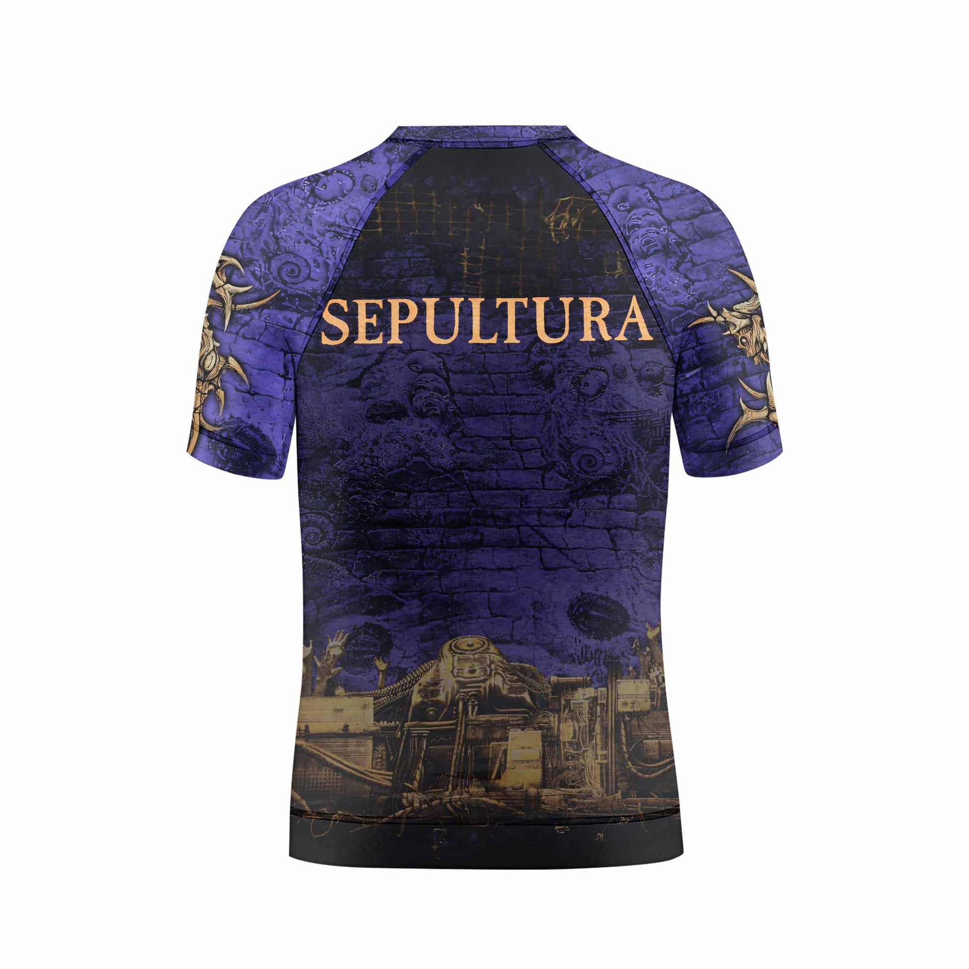 Sepultura Chaos A.D 90s Kids Rash Guard Short Sleeve - back view mockup