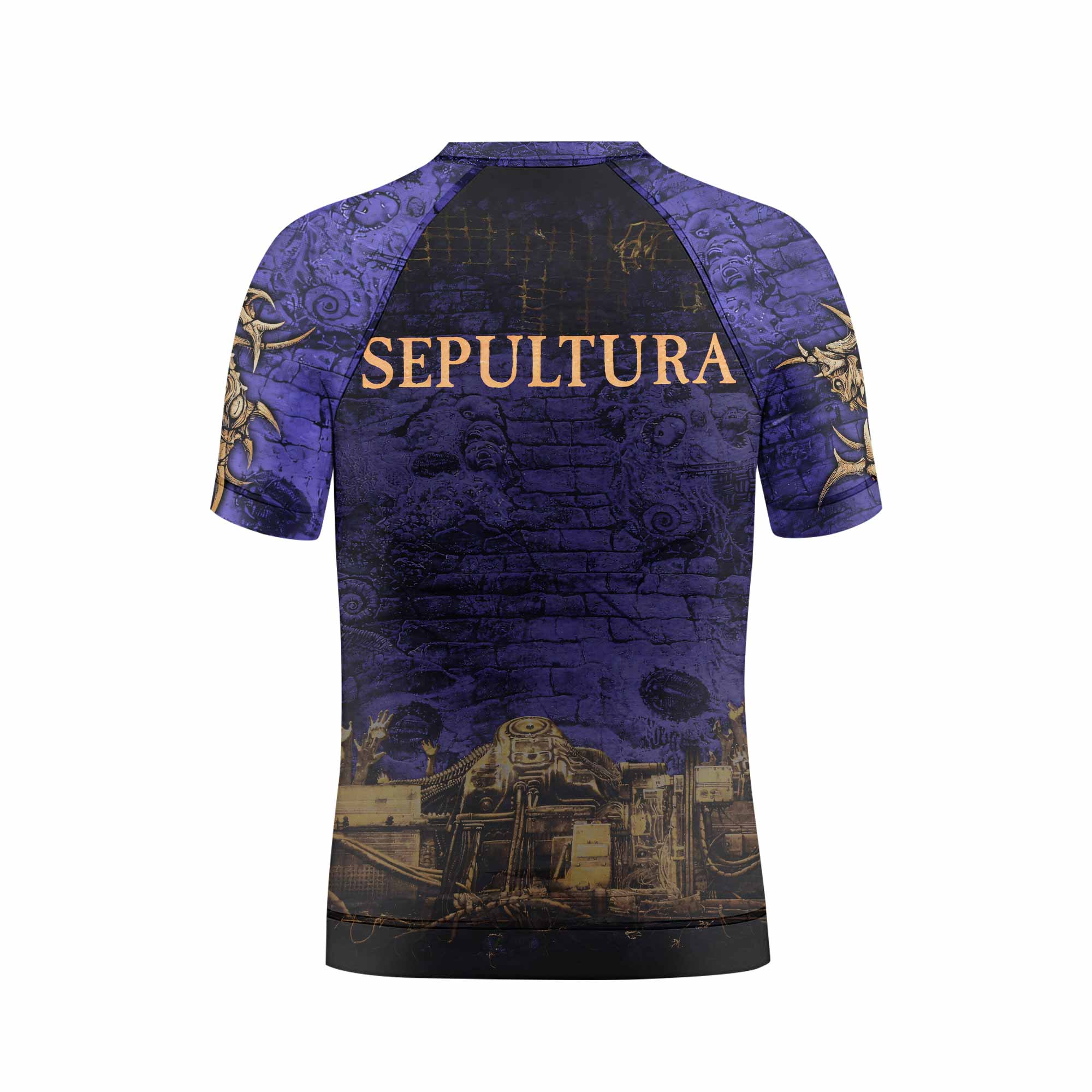 Sepultura Chaos A.D 90s Kids Rash Guard Short Sleeve - back view mockup