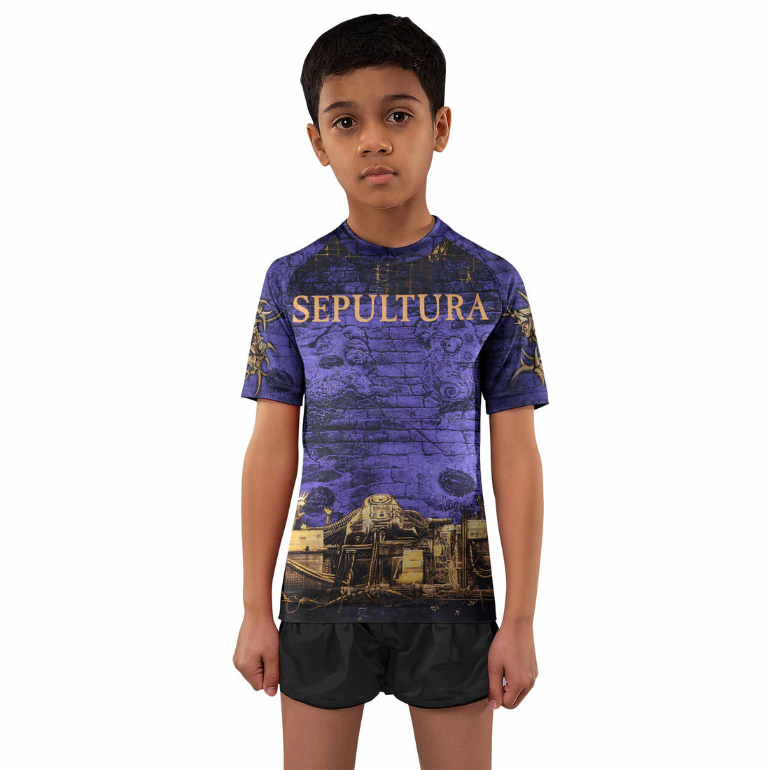 Sepultura Chaos A.D 90s Kids Rash Guard Short Sleeve - boy's lifestyle view