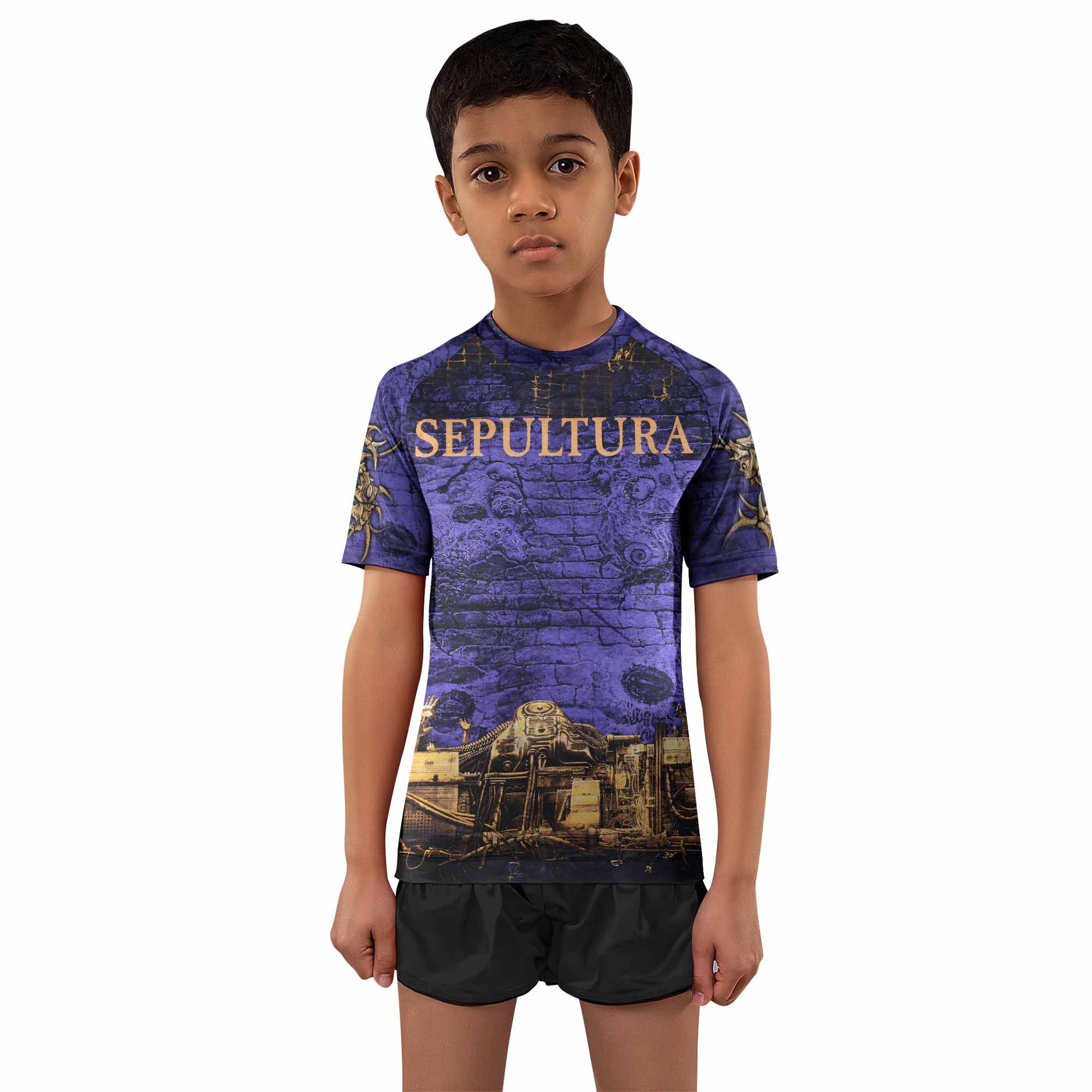 Sepultura Chaos A.D 90s Kids Rash Guard Short Sleeve - boy's lifestyle view