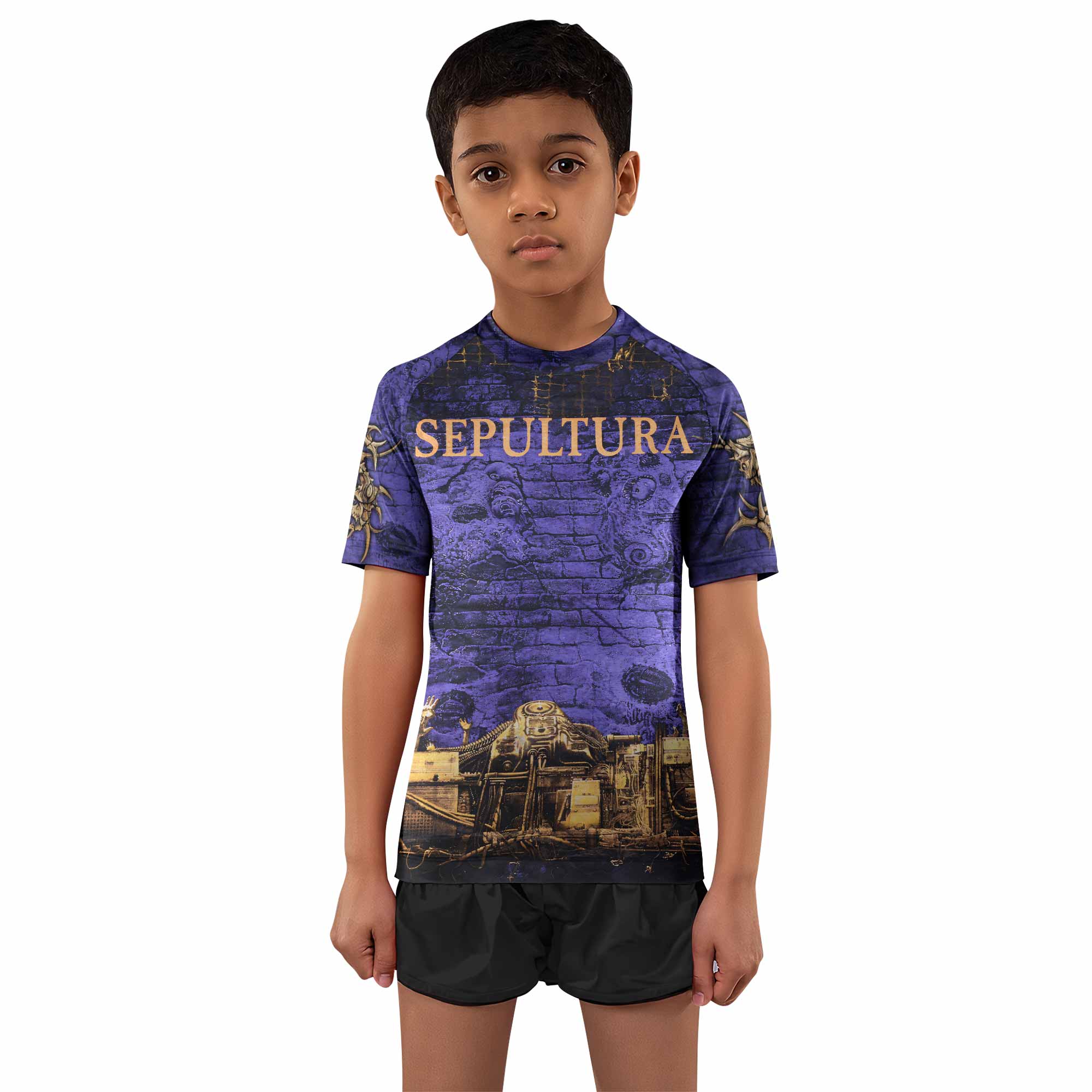 Sepultura Chaos A.D 90s Kids Rash Guard Short Sleeve - boy's lifestyle view
