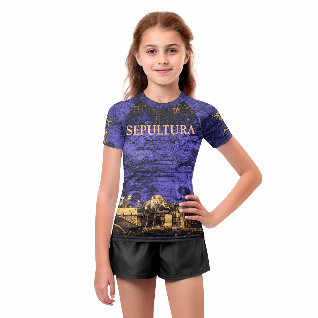 Sepultura Chaos A.D 90s Kids Rash Guard Short Sleeve - boy's lifestyle view