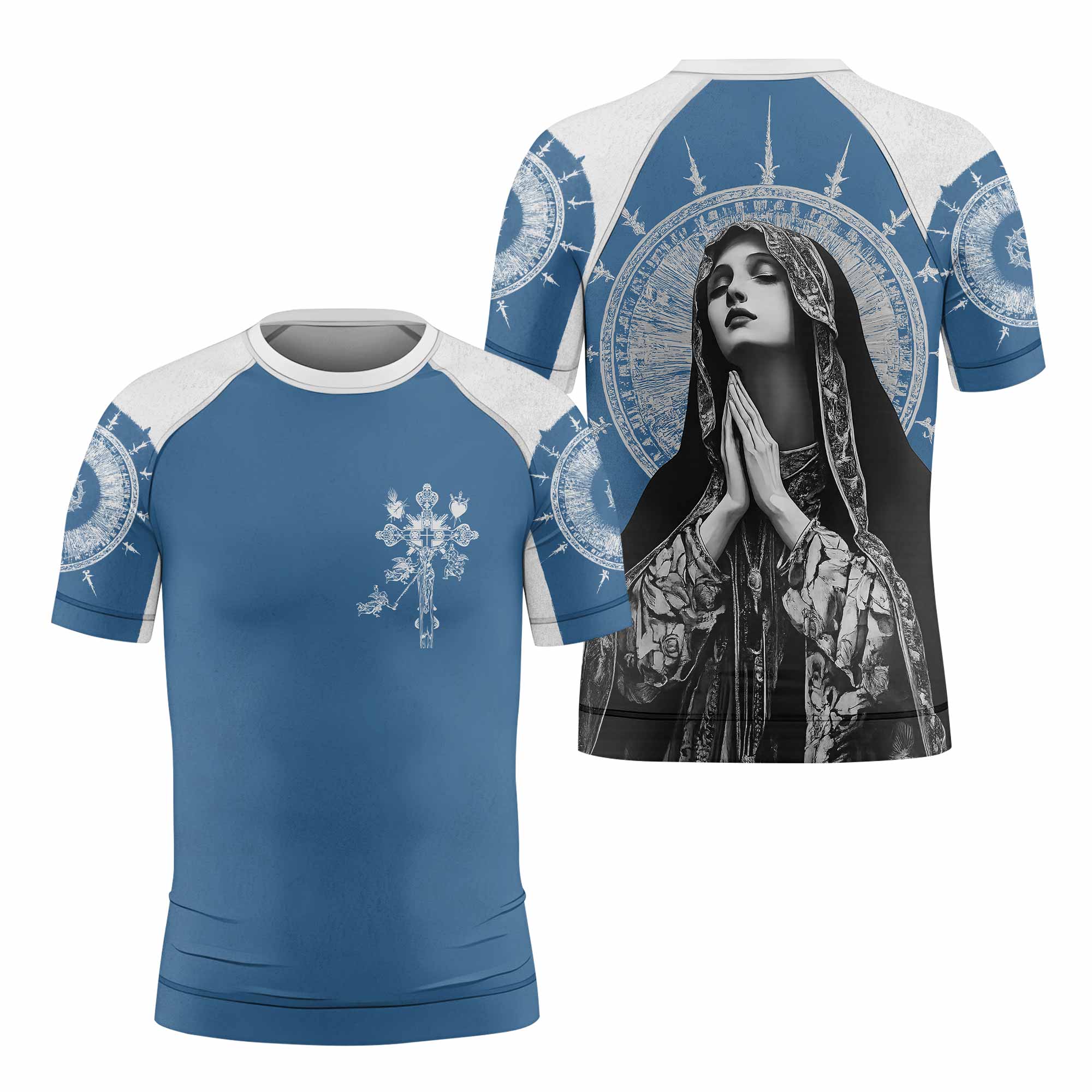 Our Lady of Sorrows Kids Rash Guard Short Sleeve - front and back view