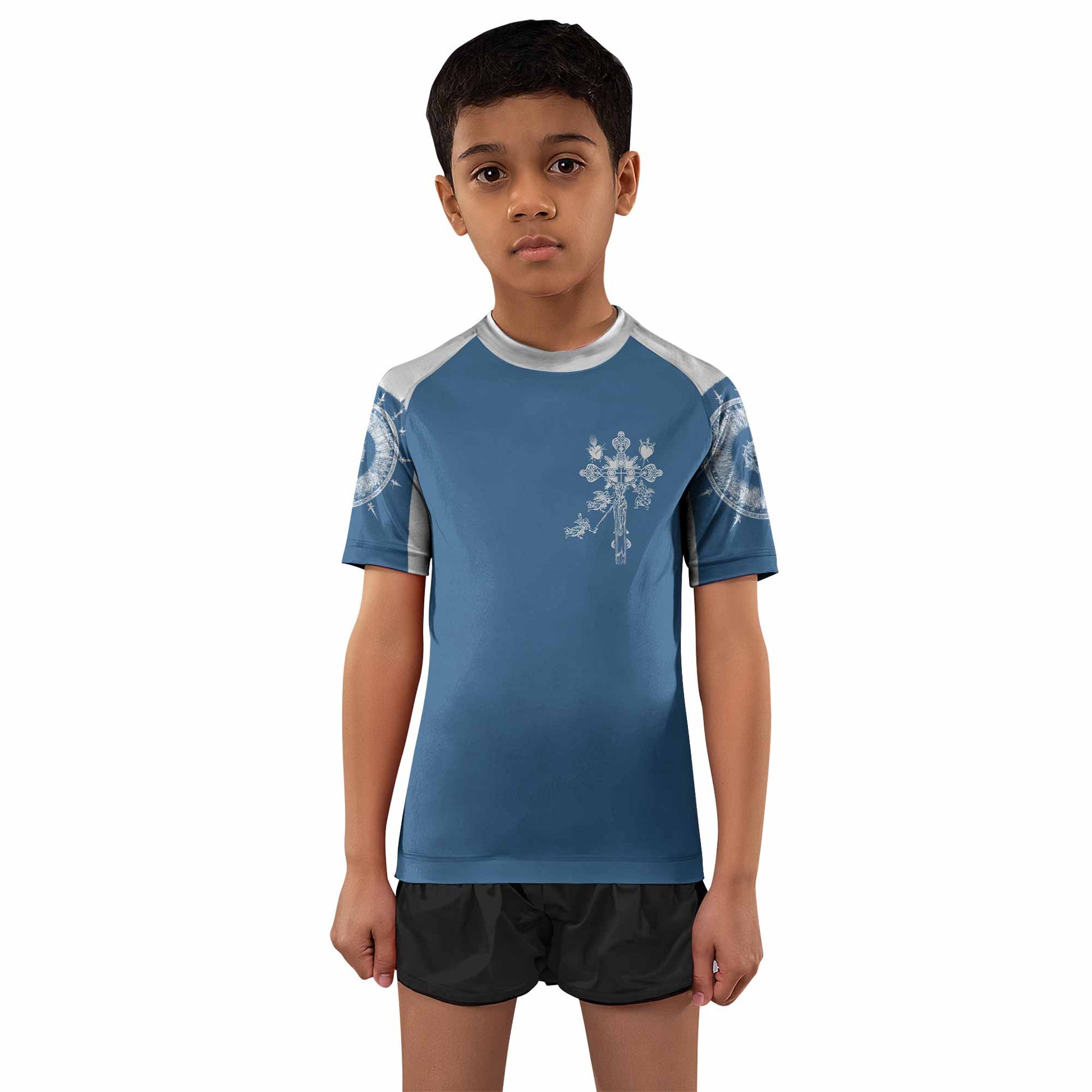 Our Lady of Sorrows Kids Rash Guard Short Sleeve - boy's lifestyle view