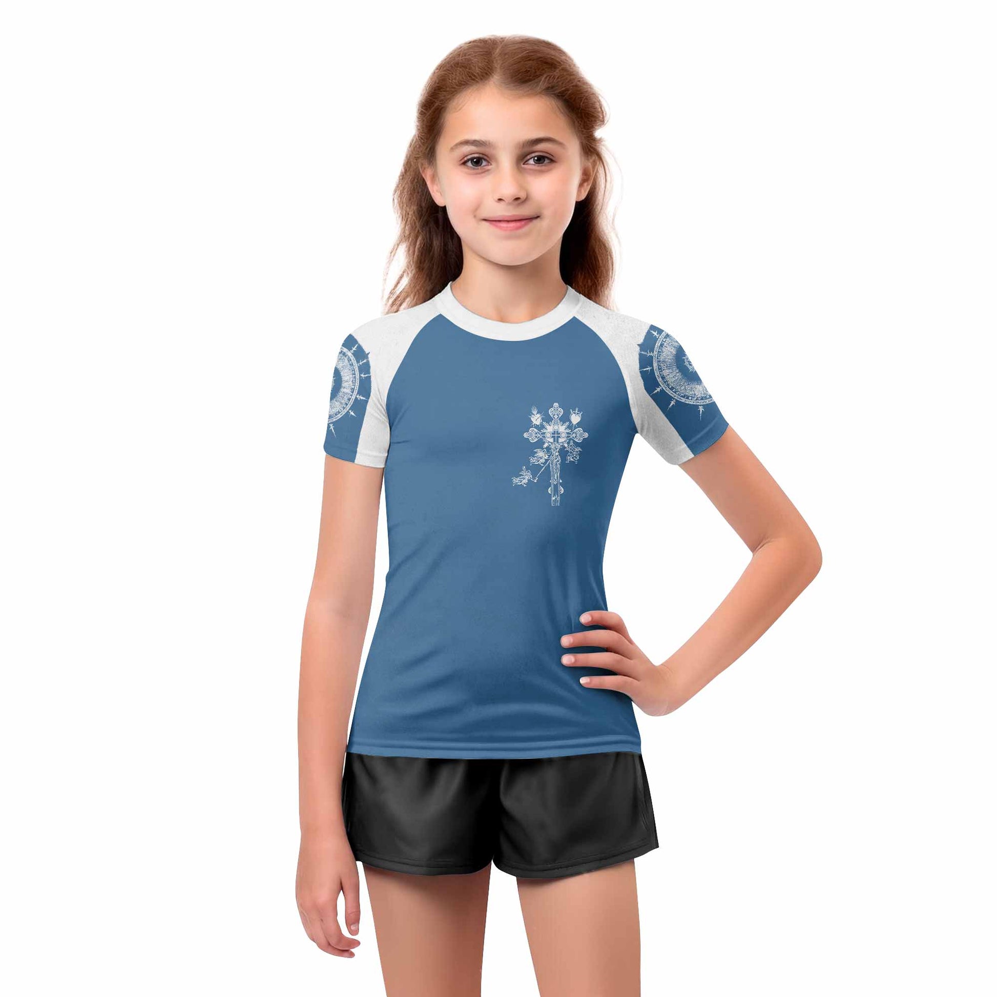 Our Lady of Sorrows Kids Rash Guard Short Sleeve - girl's lifestyle view