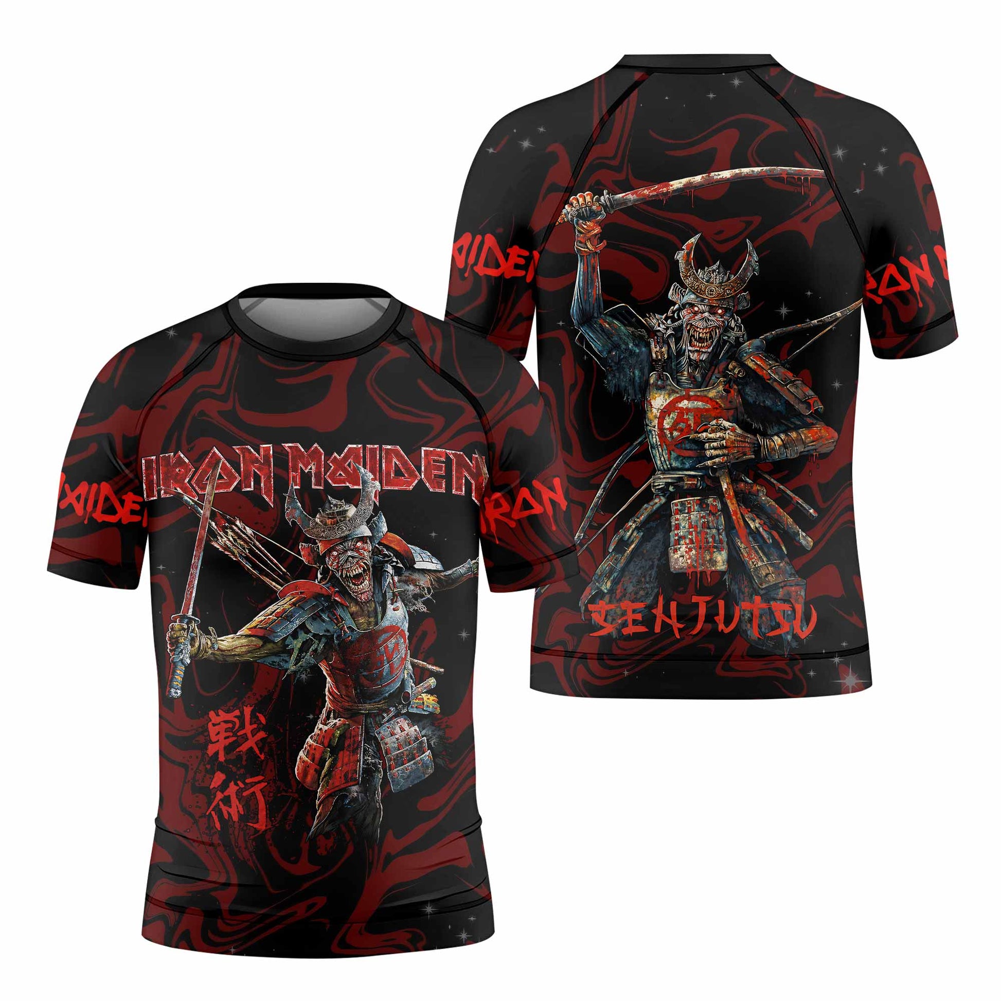 Iron Maiden Senjutsu Samurai Eddie Kids Rash Guard Short Sleeve - front and back view