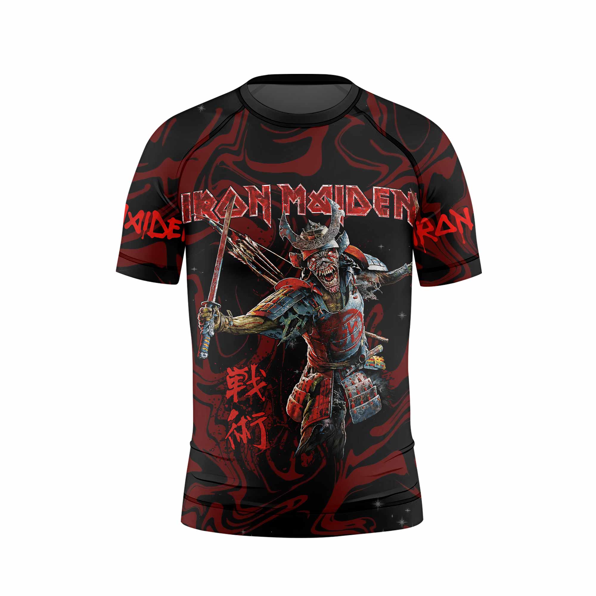 Iron Maiden Senjutsu Samurai Eddie Kids Rash Guard Short Sleeve - front view mockup