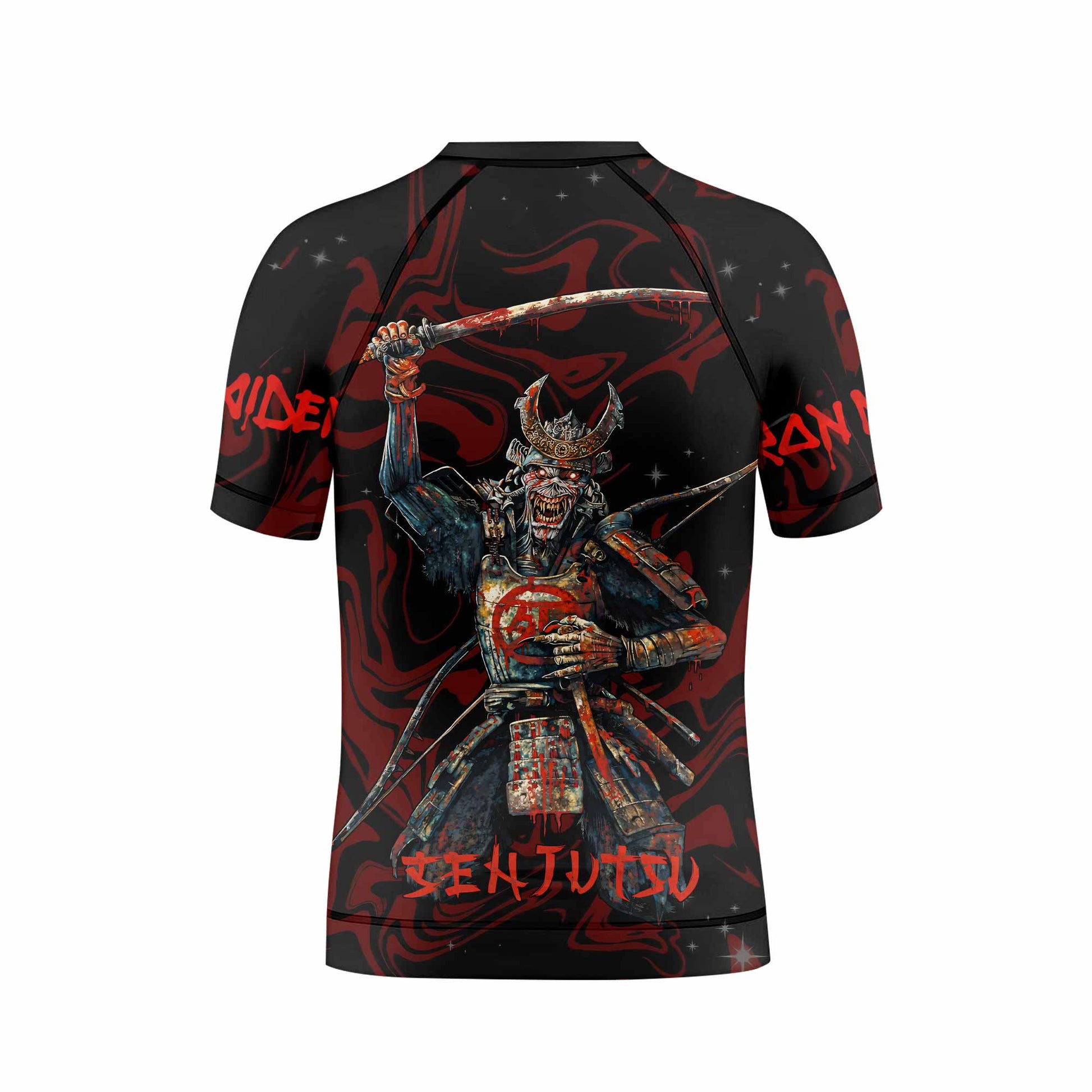 Iron Maiden Senjutsu Samurai Eddie Kids Rash Guard Short Sleeve - back view mockup