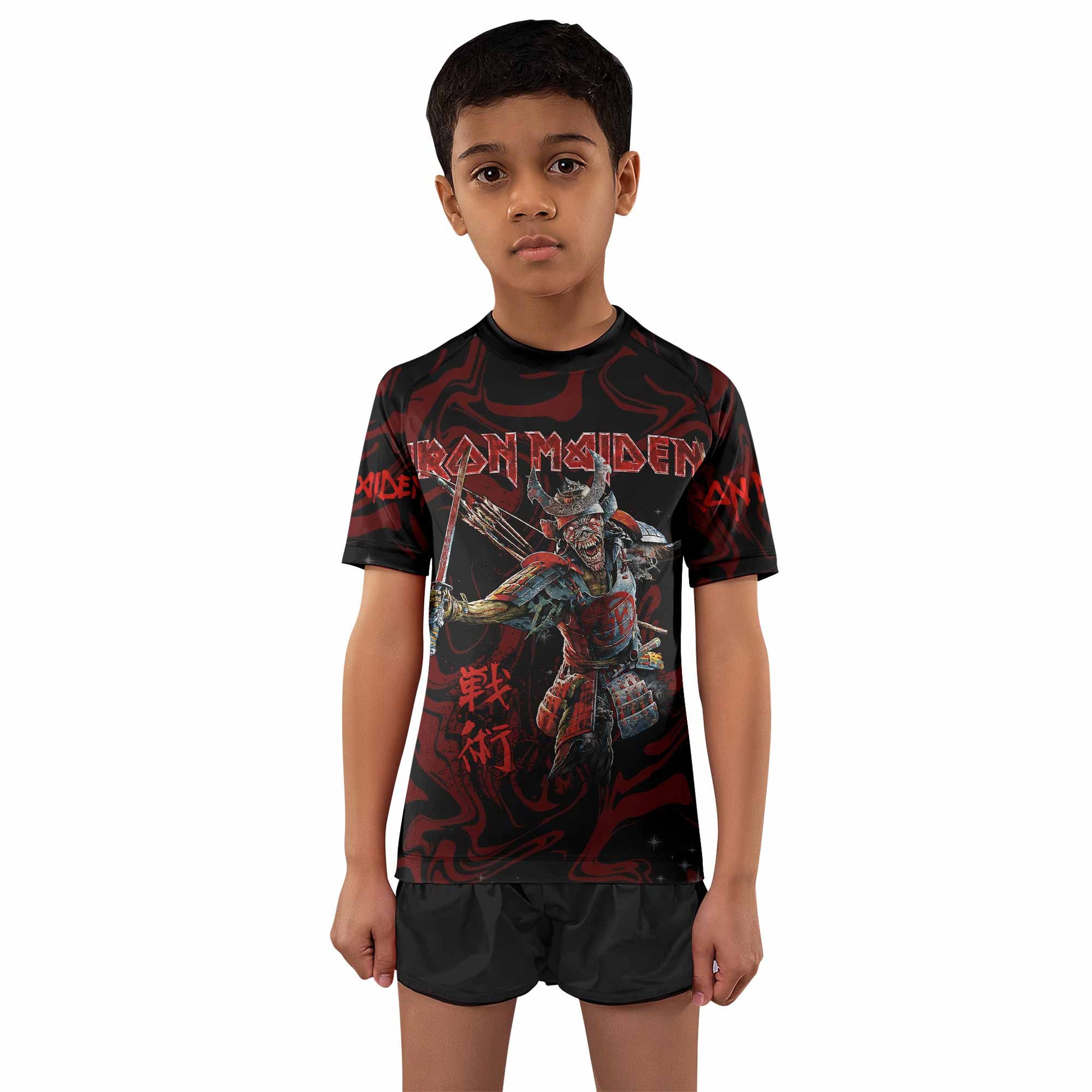 Iron Maiden Senjutsu Samurai Eddie Kids Rash Guard Short Sleeve - boy's lifestyle view