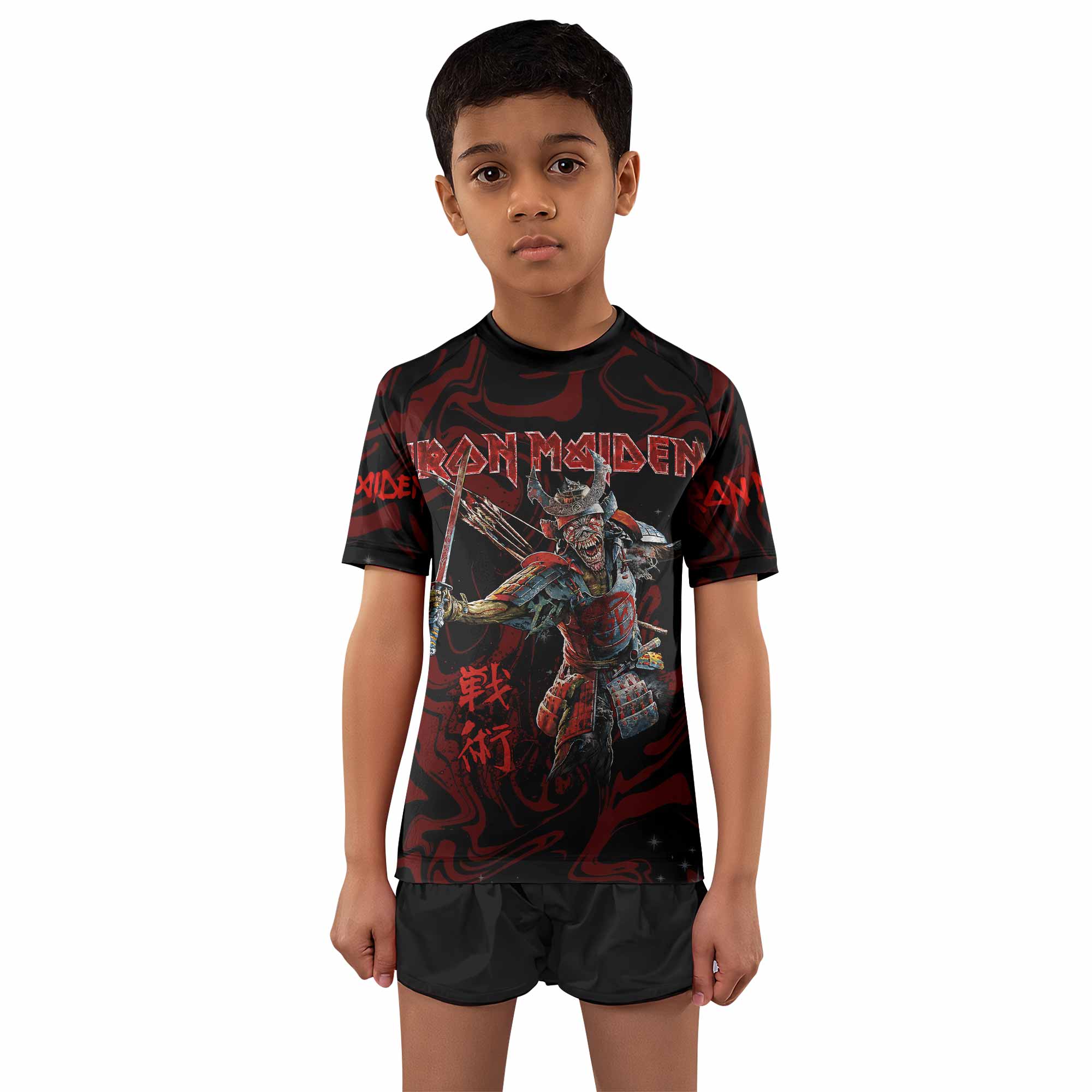 Iron Maiden Senjutsu Samurai Eddie Kids Rash Guard Short Sleeve - boy's lifestyle view