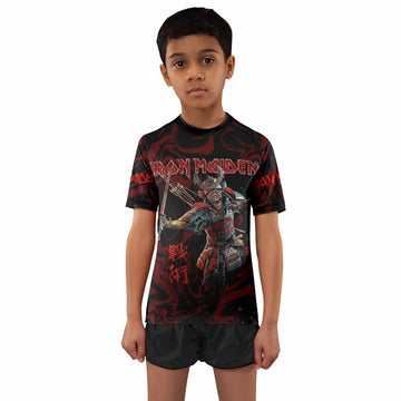 Iron Maiden Senjutsu Samurai Eddie Kids Rash Guard Short Sleeve - boy's lifestyle view