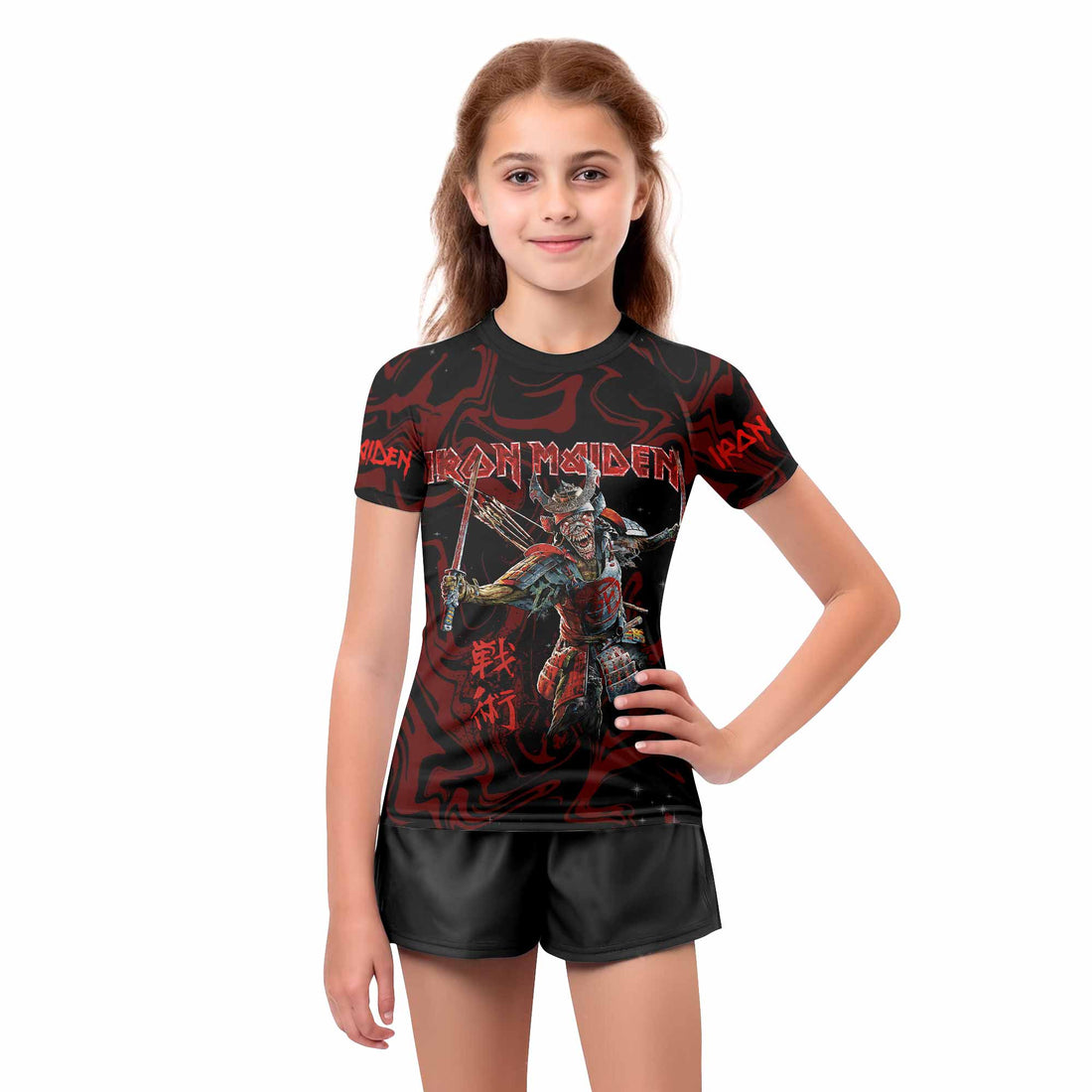 Iron Maiden Senjutsu Samurai Eddie Kids Rash Guard Short Sleeve - boy's lifestyle view