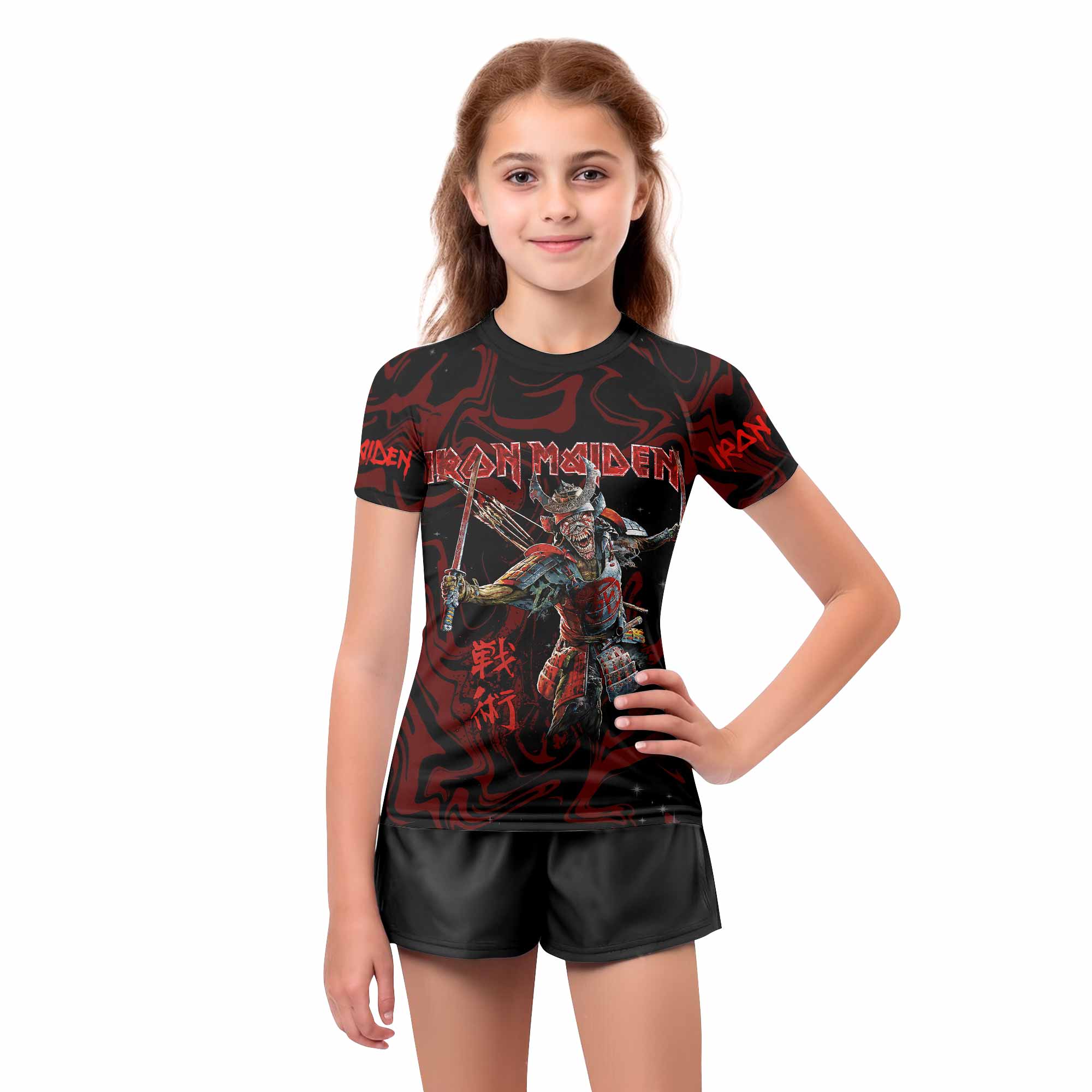 Iron Maiden Senjutsu Samurai Eddie Kids Rash Guard Short Sleeve - girl's lifestyle view