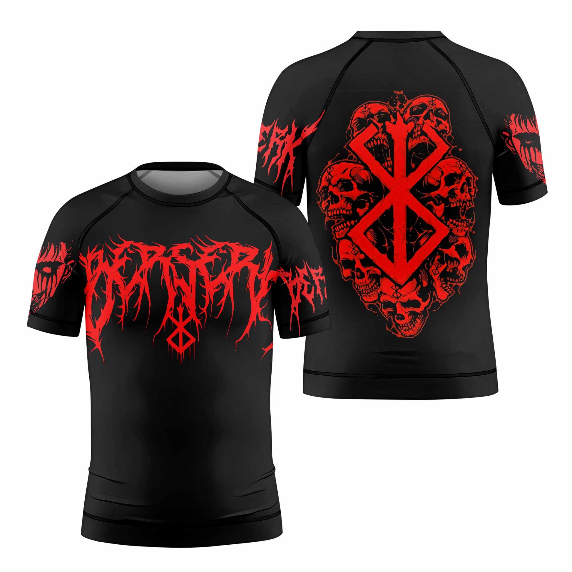 Berserk Metal Skull Knight Kids Rash Guard Short Sleeve - front and back view