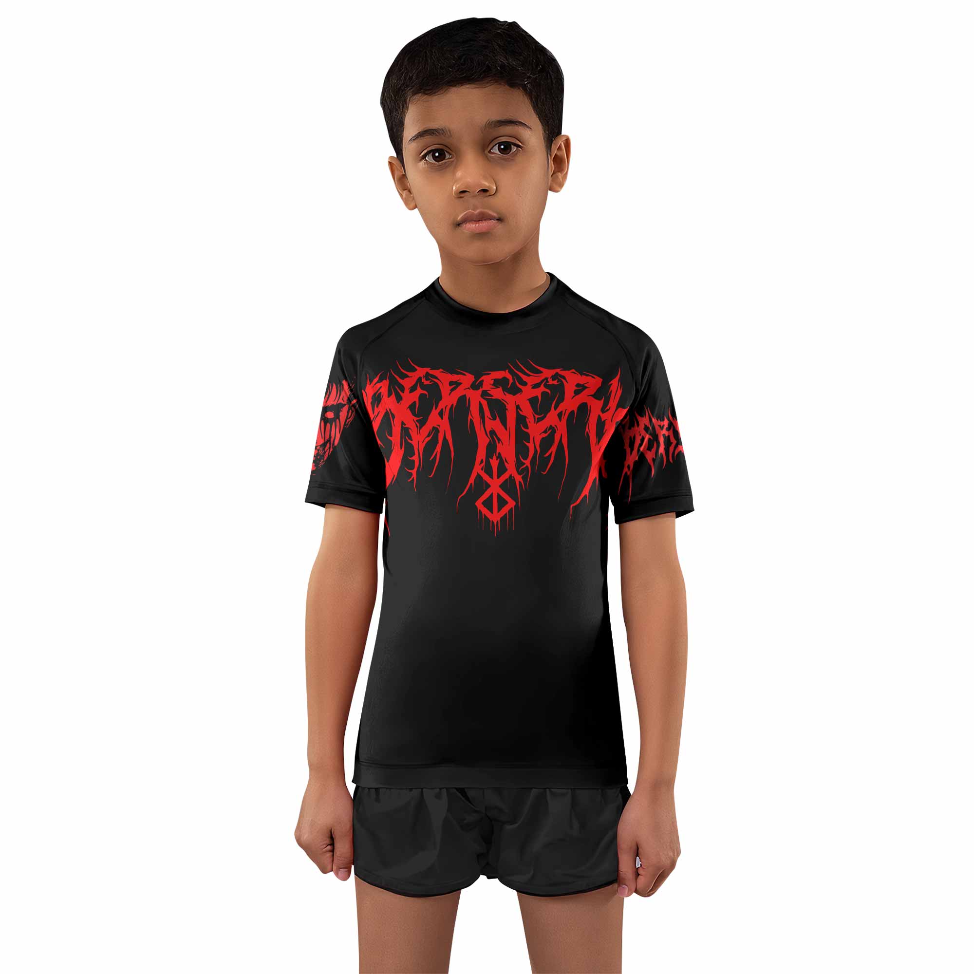 Berserk Metal Skull Knight Kids Rash Guard Short Sleeve - boy's lifestyle view