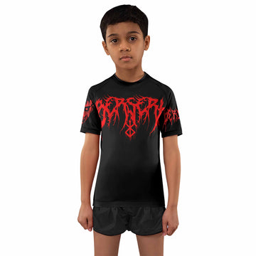 Berserk Metal Skull Knight Kids Rash Guard Short Sleeve - boy's lifestyle view