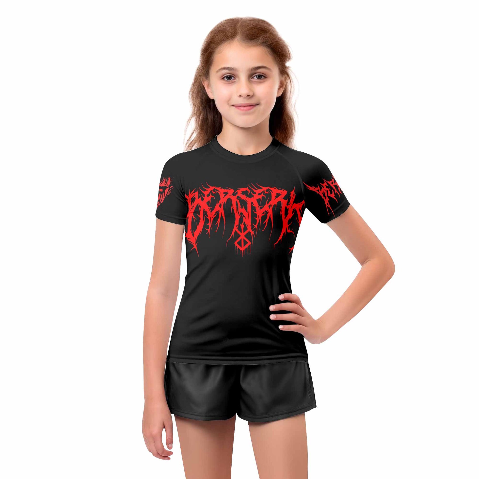 Berserk Metal Skull Knight Kids Rash Guard Short Sleeve - girl's lifestyle view