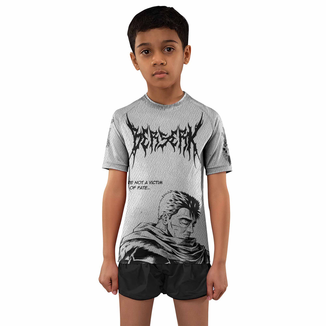 Berserk Metal Guts Kids Rash Guard Short Sleeve - boy's lifestyle view