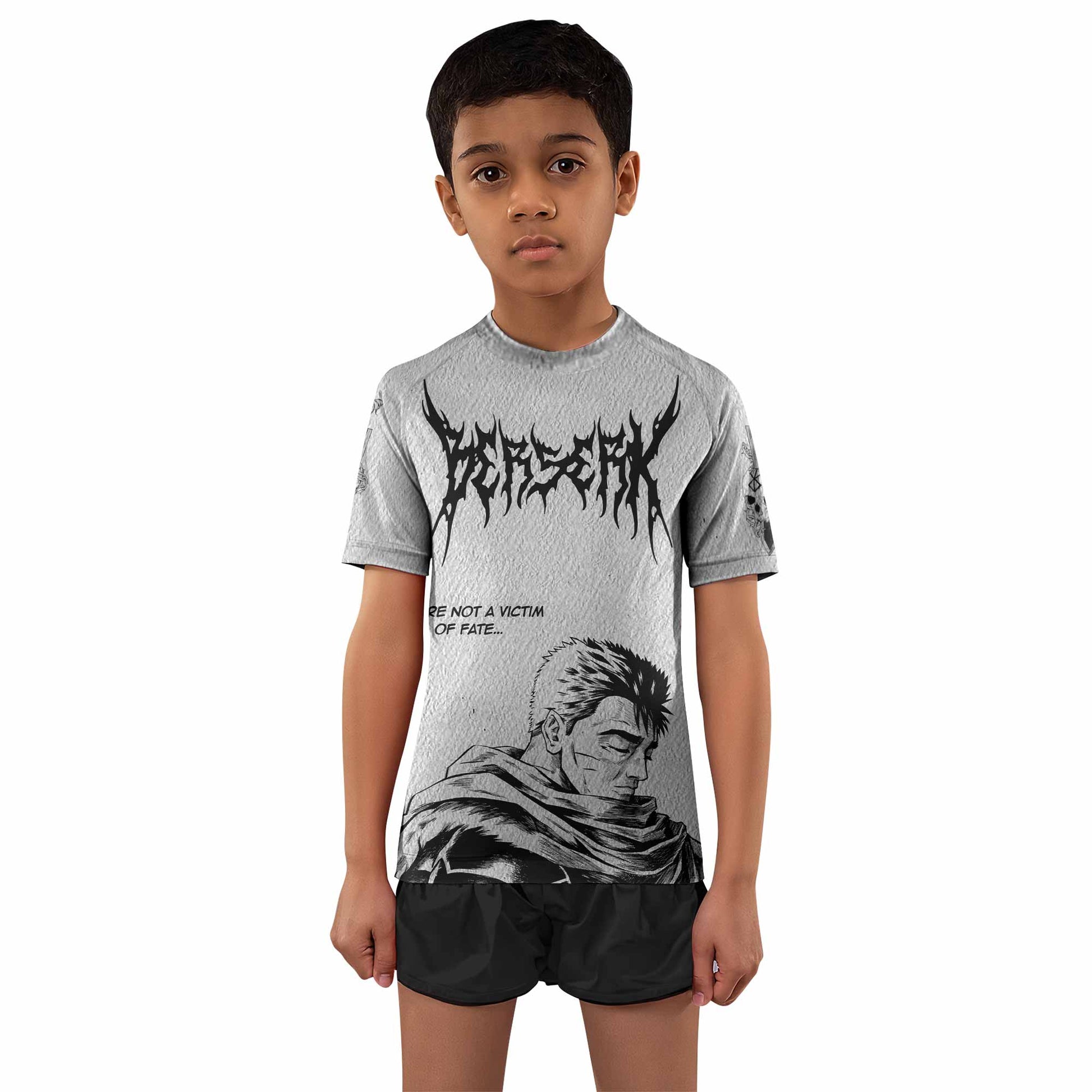 Berserk Metal Guts Kids Rash Guard Short Sleeve - boy's lifestyle view