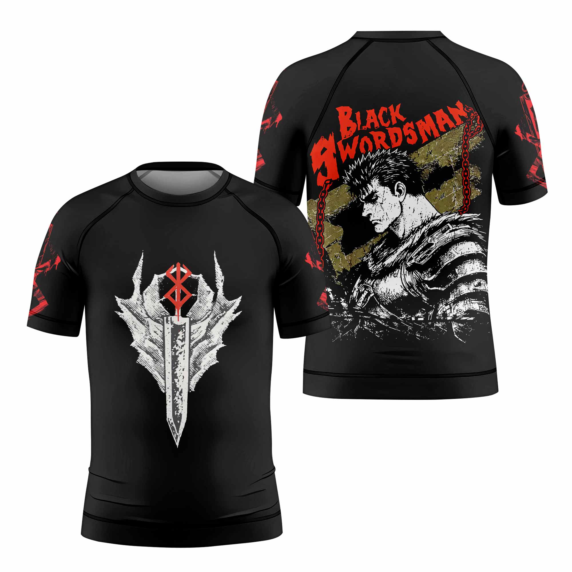 Berserk Black Swordsman Guts Kids Rash Guard Short Sleeve - front and back view
