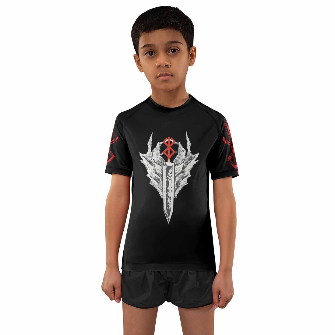 Berserk Black Swordsman Guts Kids Rash Guard Short Sleeve - boy's lifestyle view