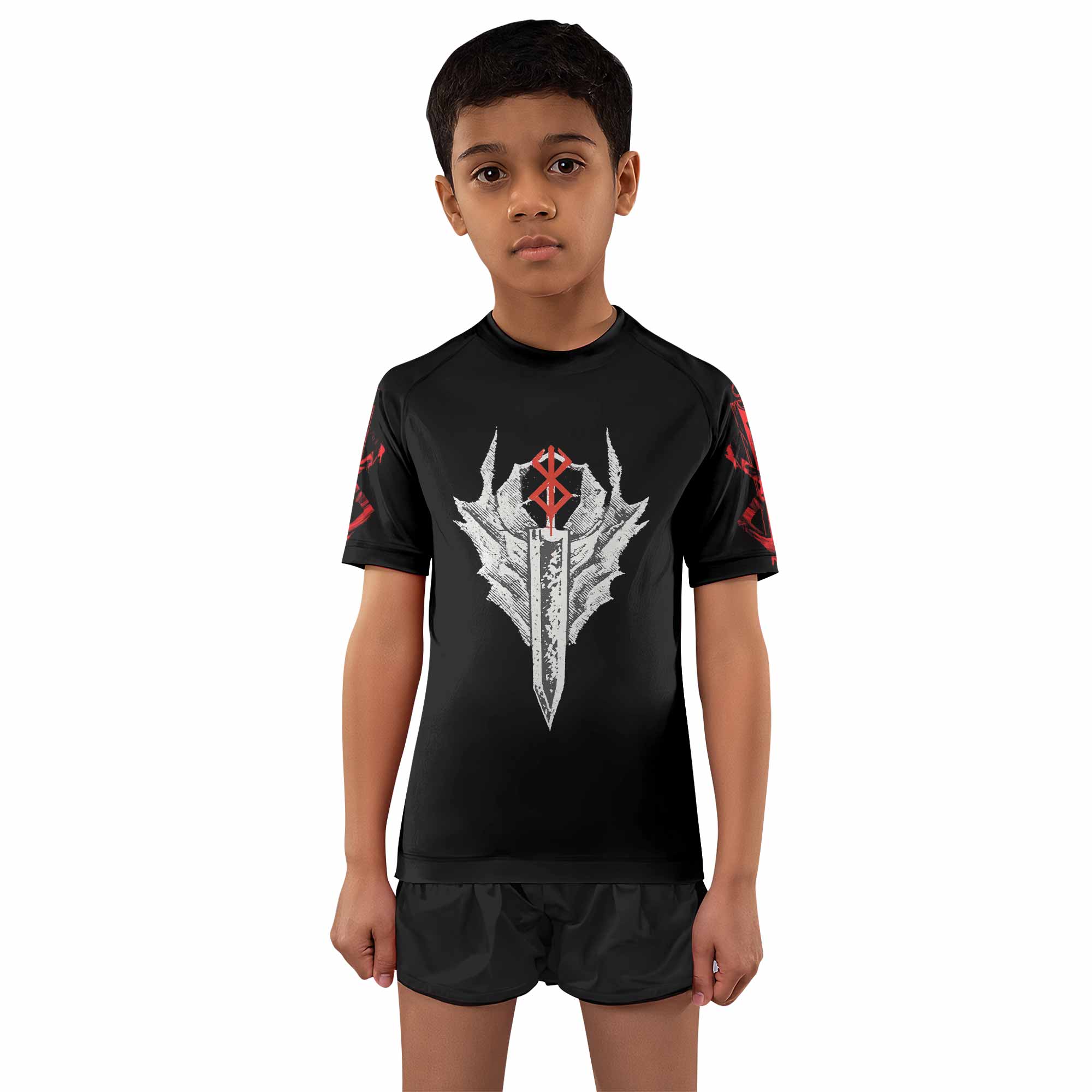 Berserk Black Swordsman Guts Kids Rash Guard Short Sleeve - boy's lifestyle view