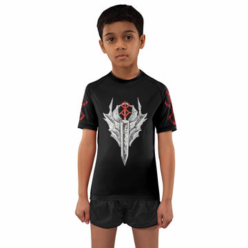 Berserk Black Swordsman Guts Kids Rash Guard Short Sleeve - boy's lifestyle view