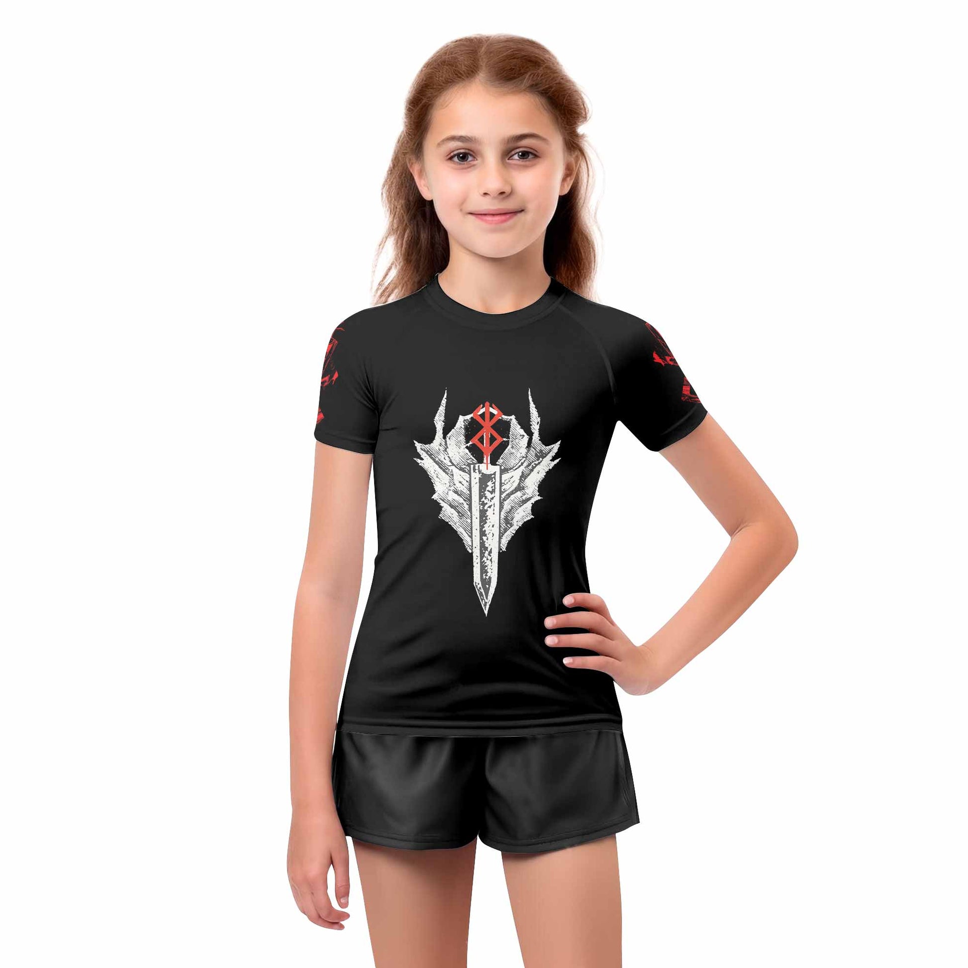 Berserk Black Swordsman Guts Kids Rash Guard Short Sleeve - girl's lifestyle view
