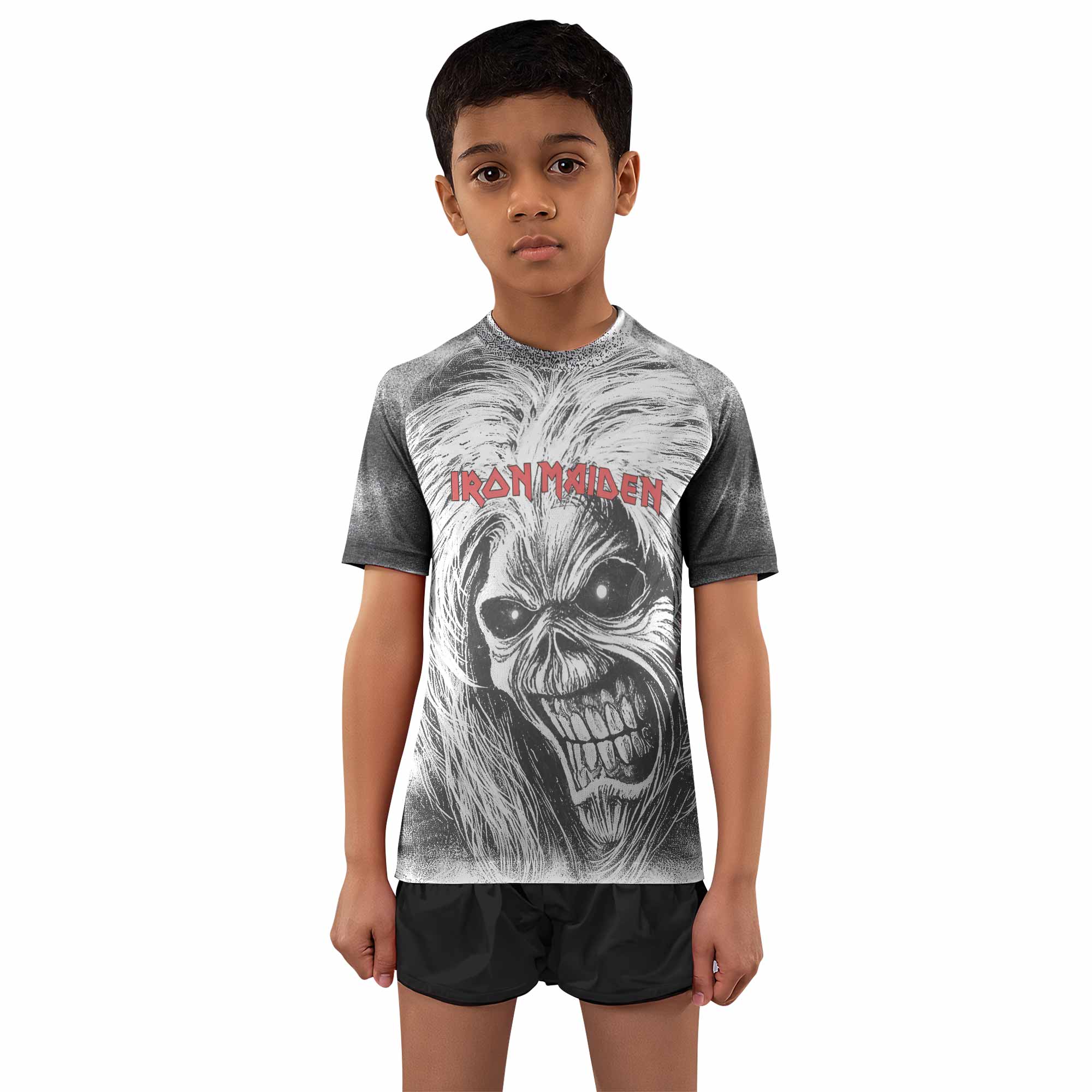 Iron Maiden Killers Kids Rash Guard Short Sleeve - boy's lifestyle view