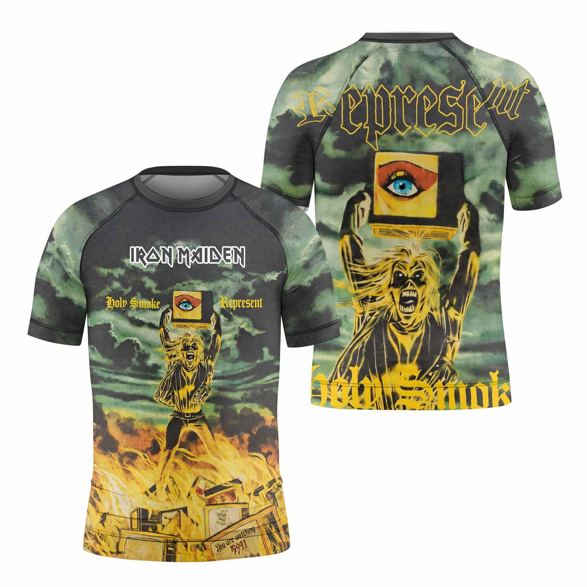 Iron Maiden Holy Smoke Kids Rash Guard Short Sleeve - front and back view