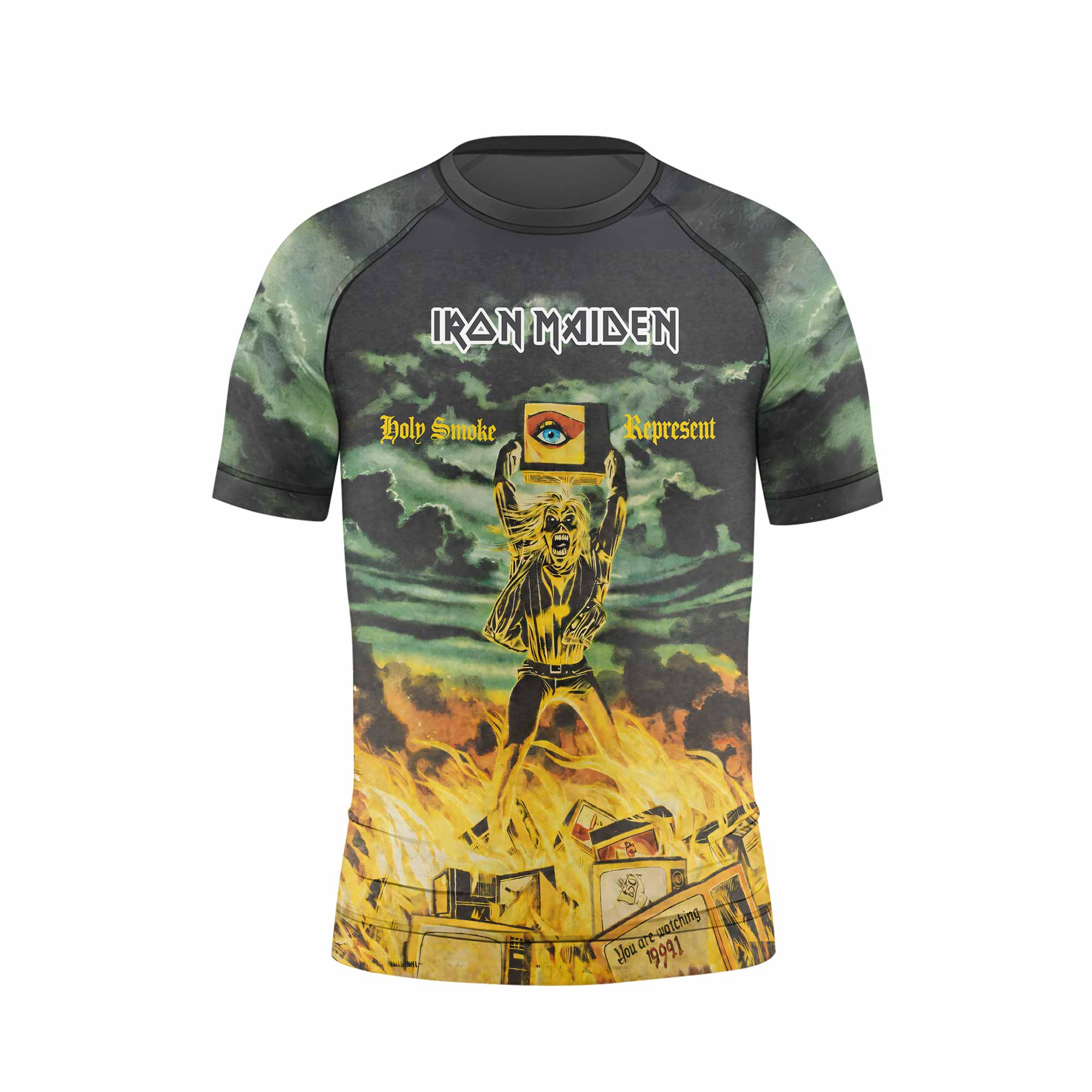 Iron Maiden Holy Smoke Kids Rash Guard Short Sleeve - front view mockup