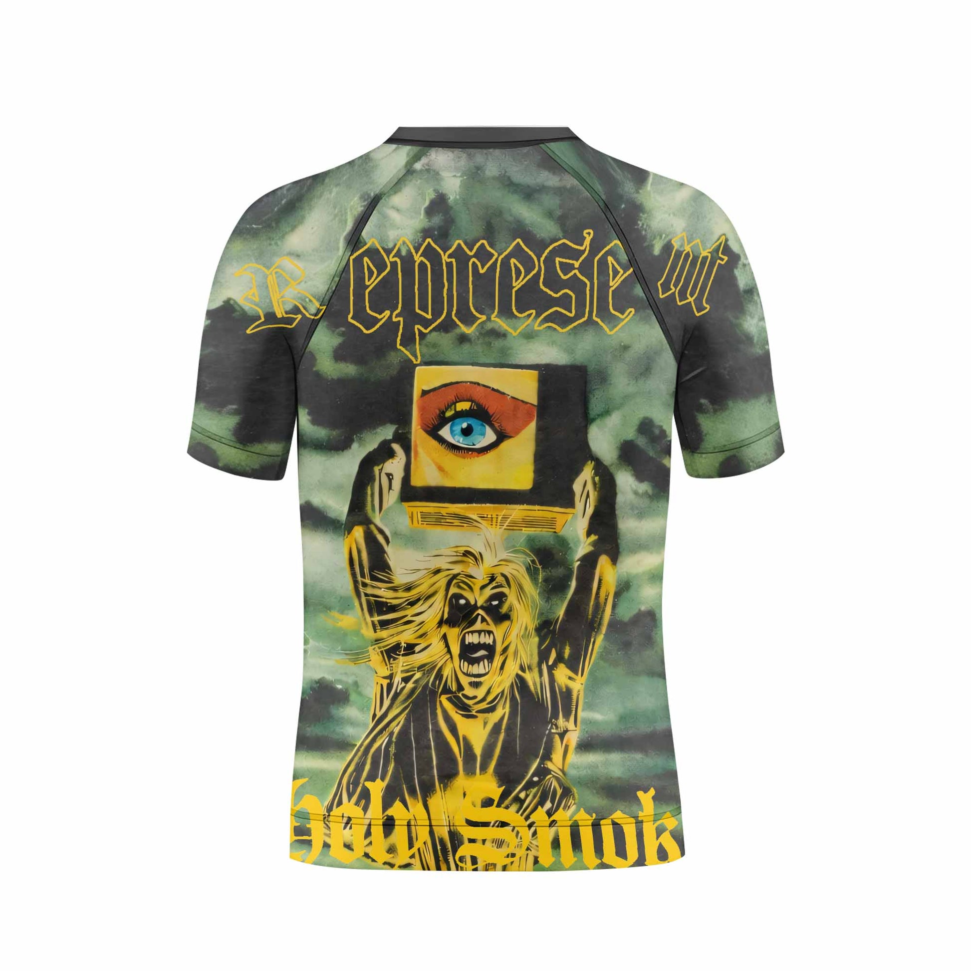 Iron Maiden Holy Smoke Kids Rash Guard Short Sleeve - back view mockup