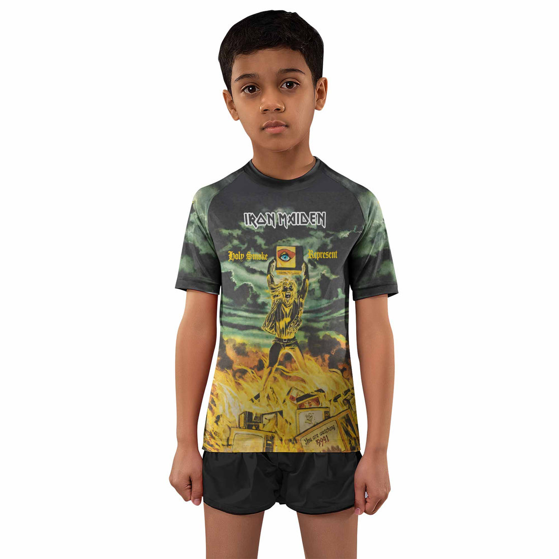 Iron Maiden Holy Smoke Kids Rash Guard Short Sleeve - boy's lifestyle view