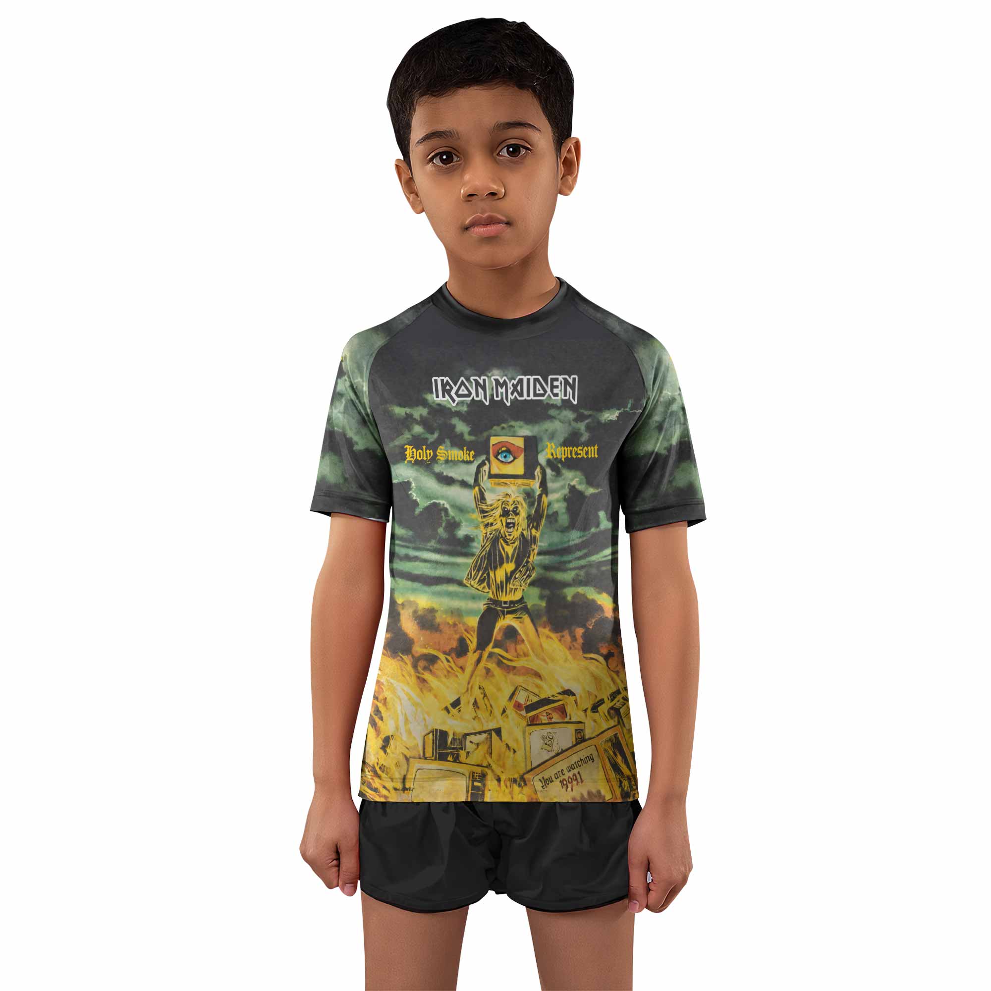 Iron Maiden Holy Smoke Kids Rash Guard Short Sleeve - boy's lifestyle view
